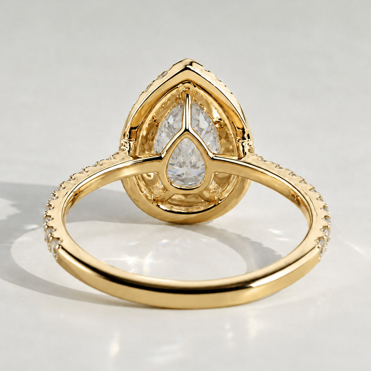 Classic Double Halo Design Pear Cut Lab Grown Diamond Cathedral Basket Pave Shank Engagement Ring With Round Cut Accent Stones #MCERL0068
