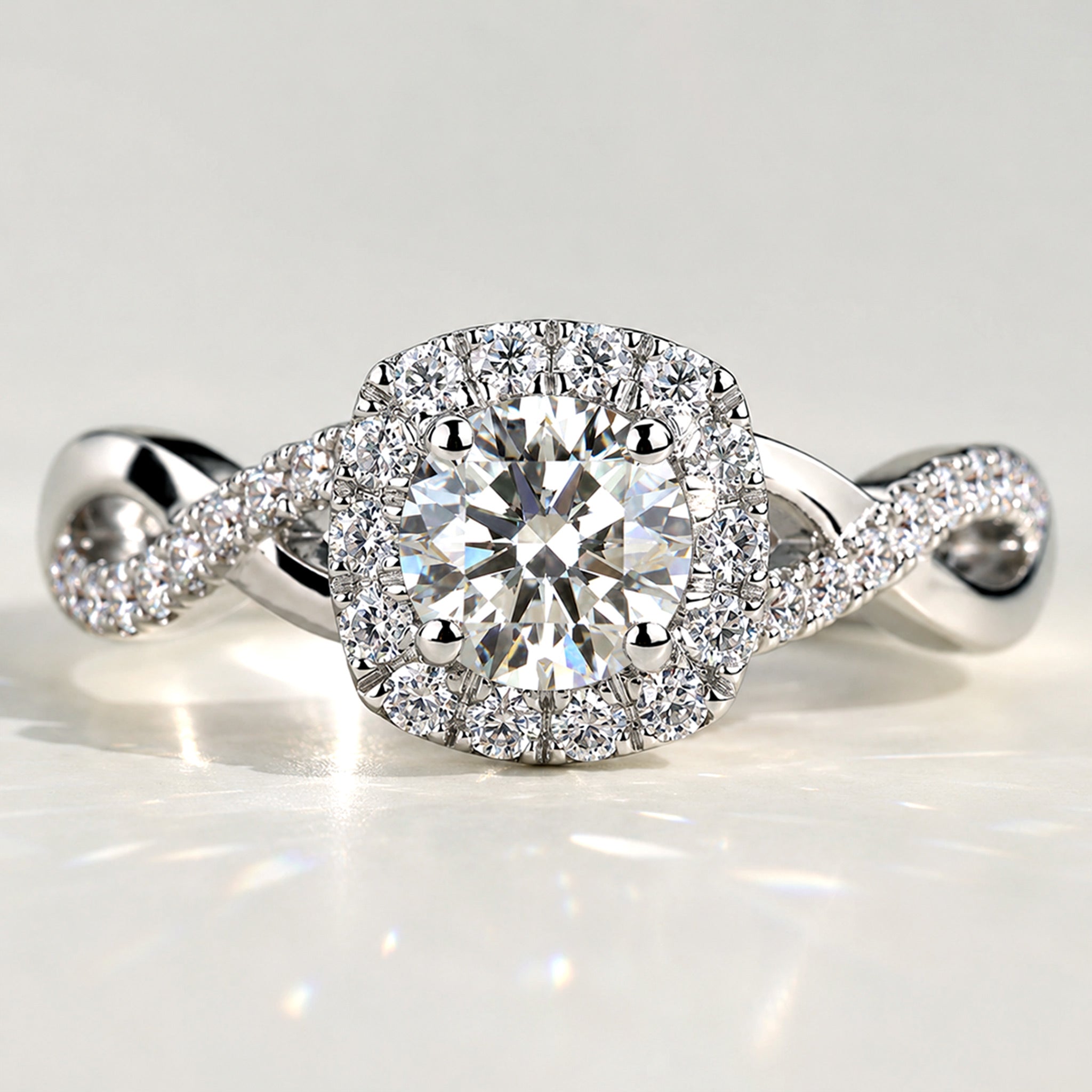 Halo Art Deco Design Round Cut Lab Grown Diamond Cathedral Basket Twisted Infinity Shank Engagement Ring With Round Cut Accent Stones #MCERL0069
