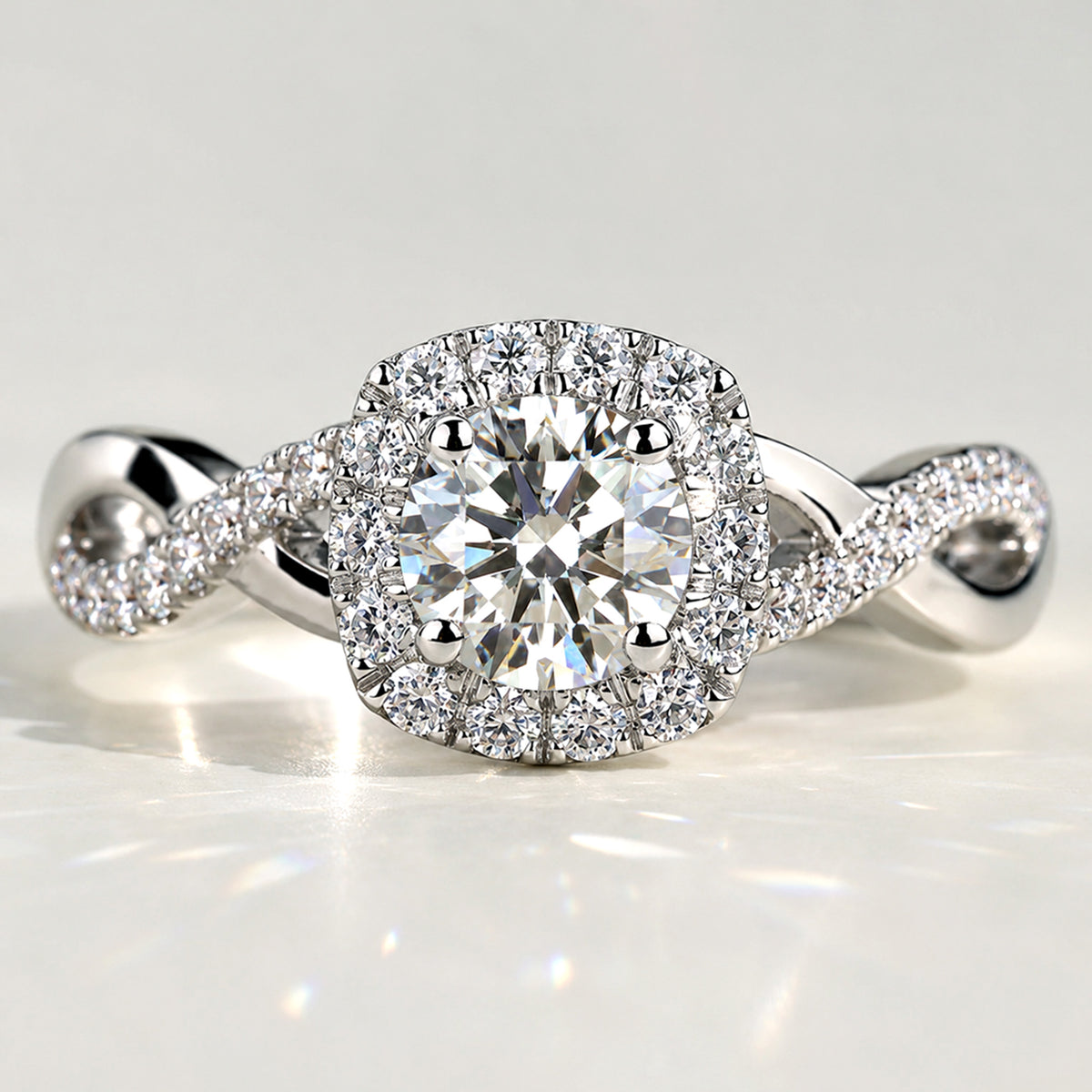 Halo Art Deco Design Round Cut Lab Grown Diamond Cathedral Basket Twisted Infinity Shank Engagement Ring With Round Cut Accent Stones #MCERL0069