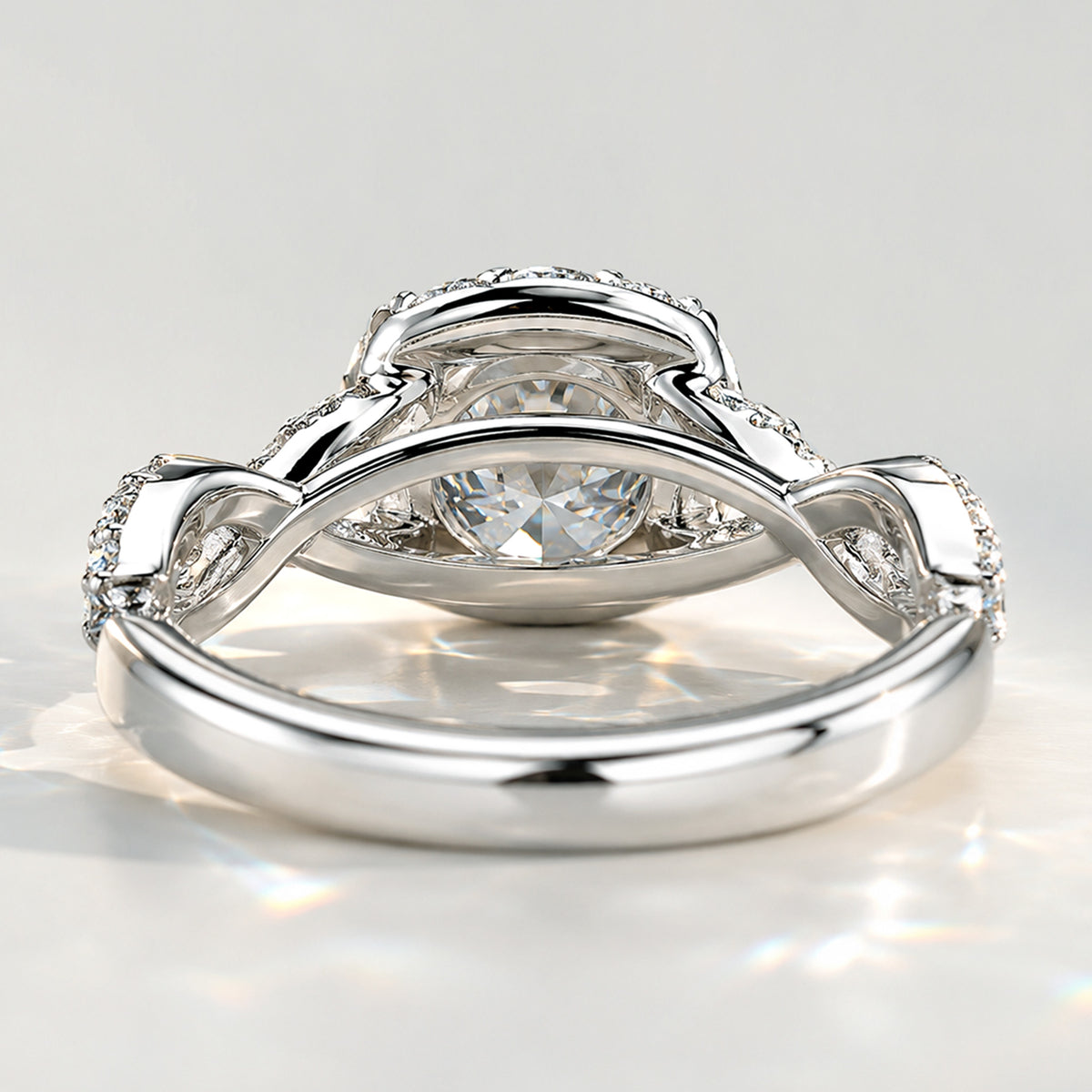 Halo Art Deco Design Round Cut Lab Grown Diamond Cathedral Basket Twisted Infinity Shank Engagement Ring With Round Cut Accent Stones #MCERL0069