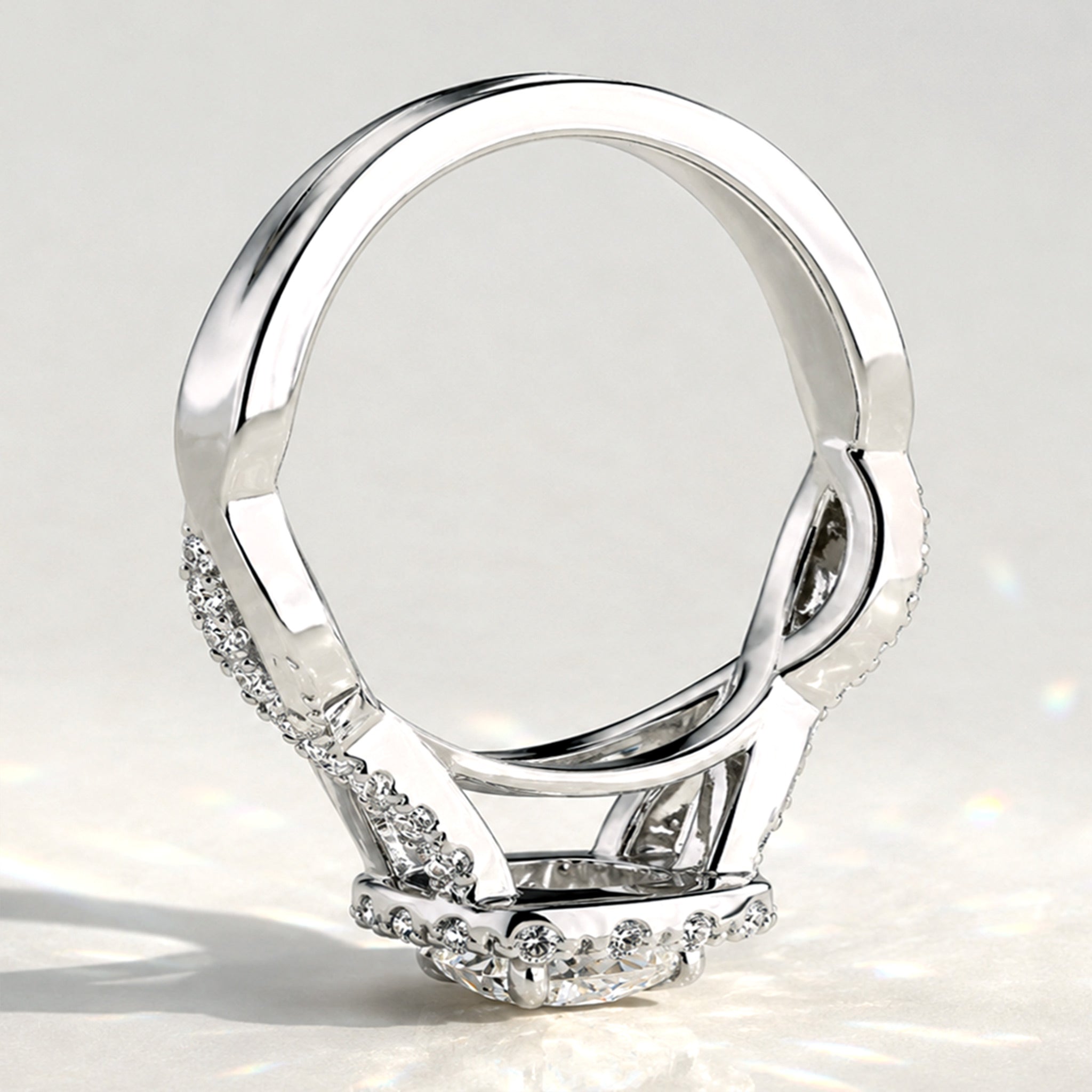 Halo Art Deco Design Round Cut Lab Grown Diamond Cathedral Basket Twisted Infinity Shank Engagement Ring With Round Cut Accent Stones #MCERL0069