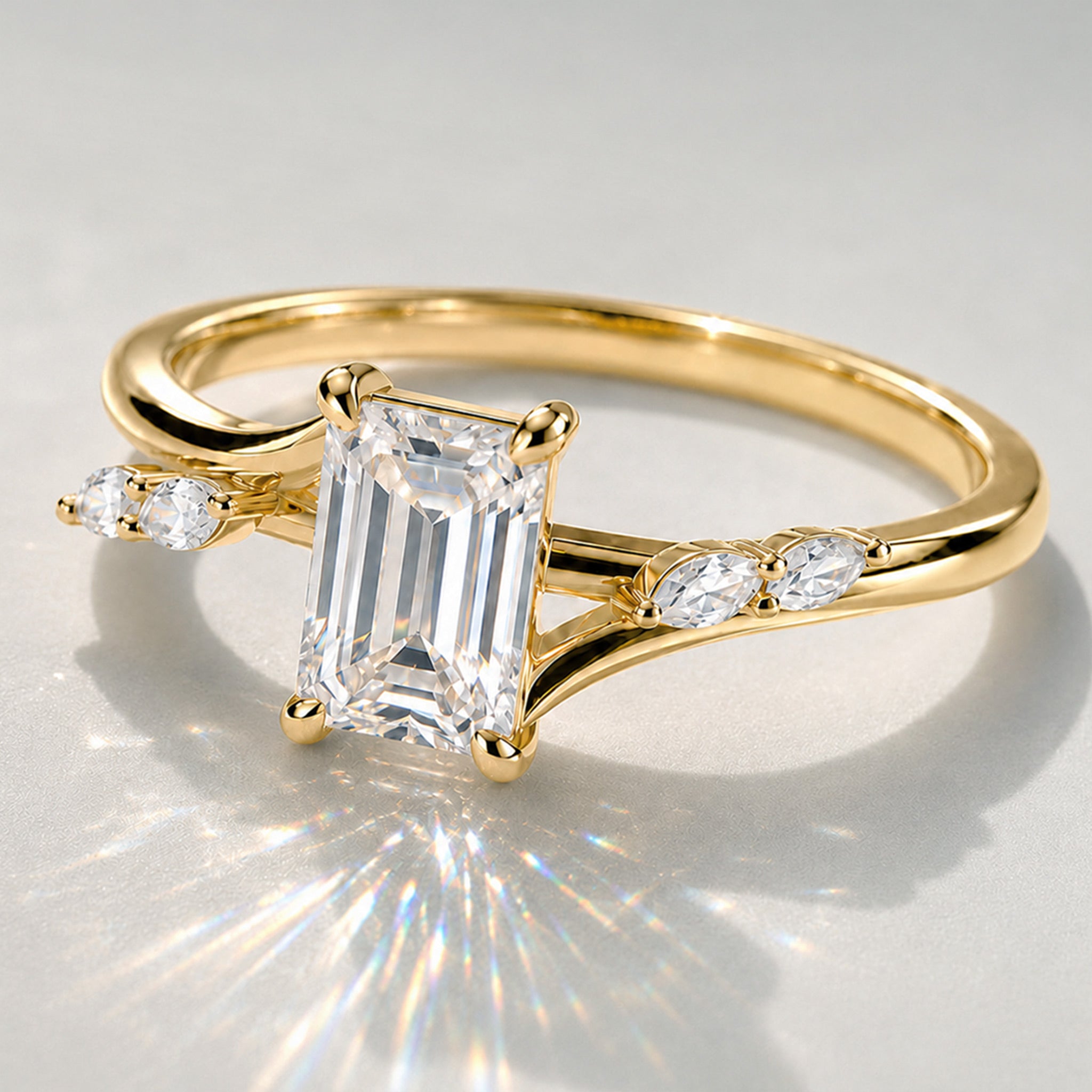 Modern Minimalist Design Emerald Cut Lab Grown Diamond Cathedral Basket Tapered Shank Polished Engagement Rings With Marquise Cut Accent Diamonds #MCERL0006