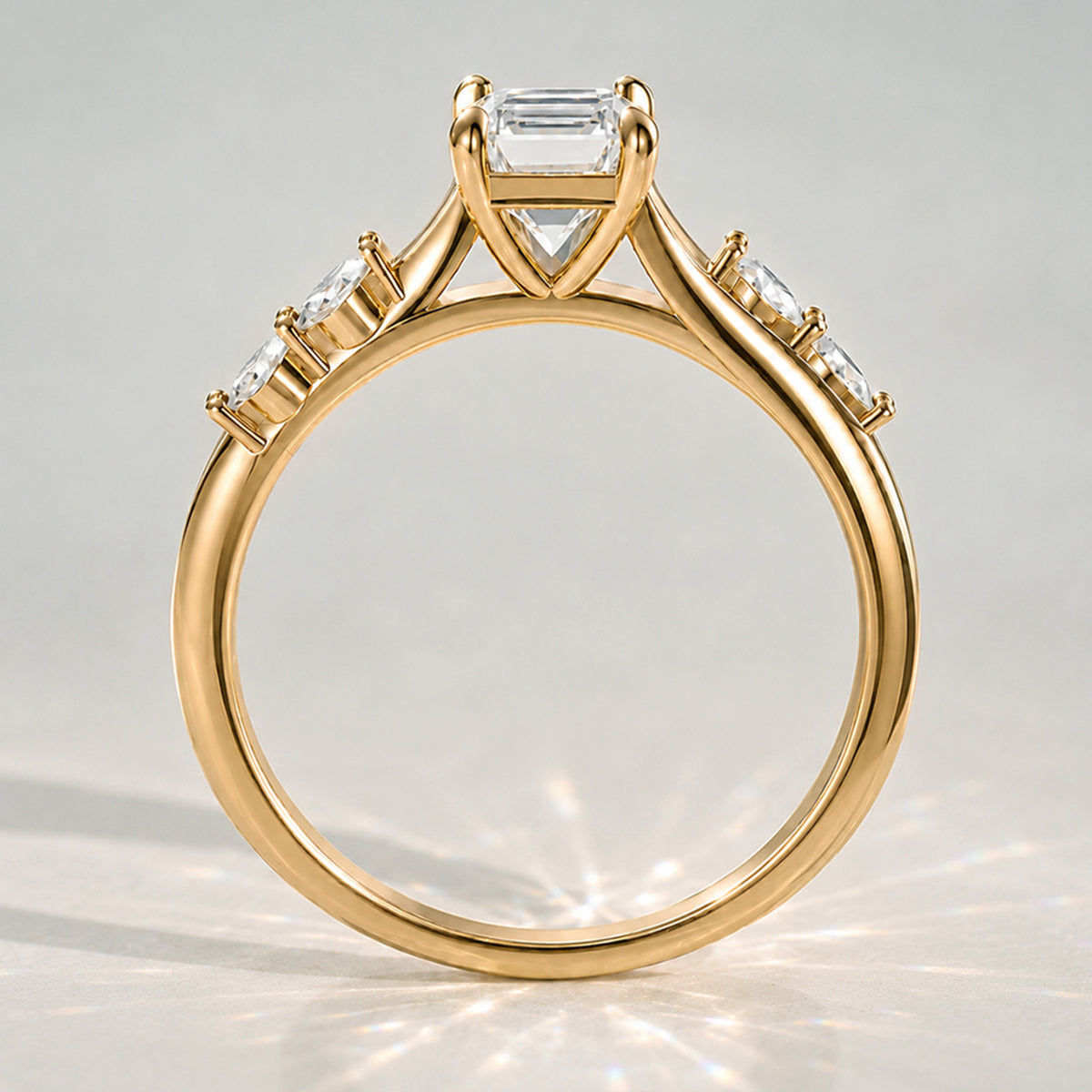 Modern Minimalist Design Emerald Cut Lab Grown Diamond Cathedral Basket Tapered Shank Polished Engagement Rings With Marquise Cut Accent Diamonds #MCERL0006