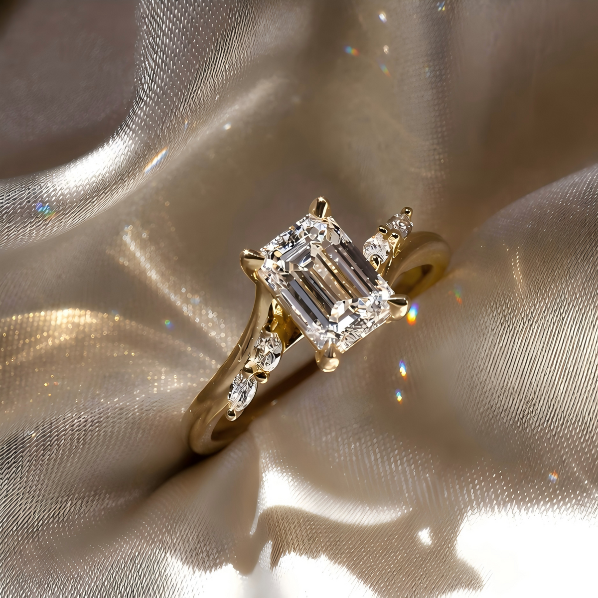 Modern Minimalist Design Emerald Cut Lab Grown Diamond Cathedral Basket Tapered Shank Polished Engagement Rings With Marquise Cut Accent Diamonds #MCERL0006