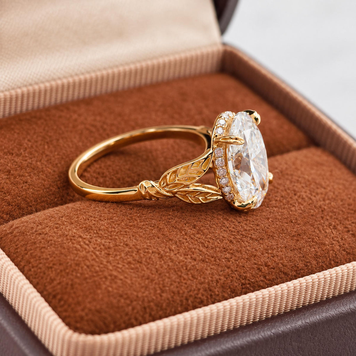 Hidden Halo Nature Inspired Design Oval Cut Lab Grown Diamond Cathedral Basket Engagement Rings With Round Cut Accent Stones #MCERL0054