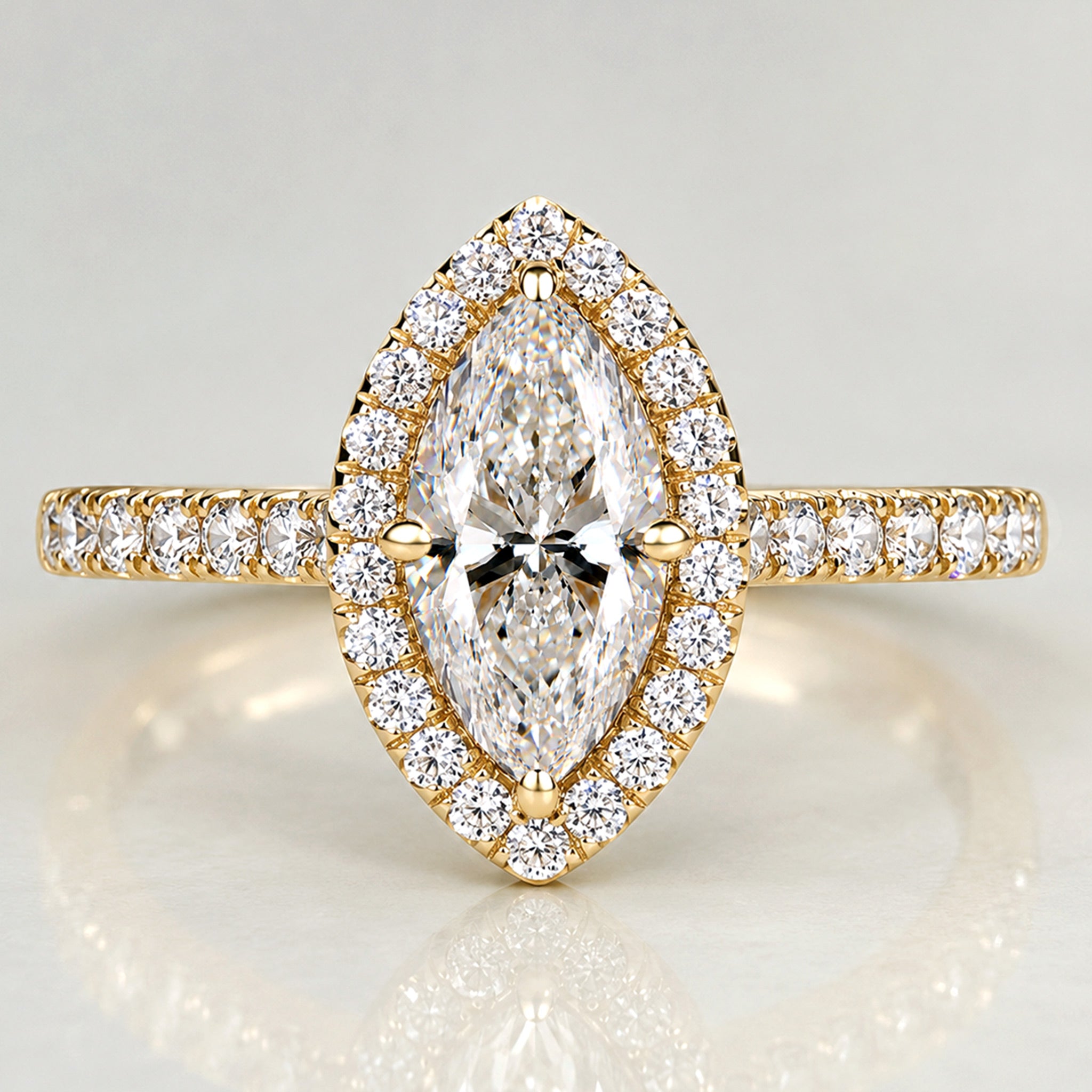 Classic Halo Design Marquise Cut Lab Grown Diamond Cathedral Basket Pave Shank Engagement Ring With Round Cut Accent Stones #MCERL0070