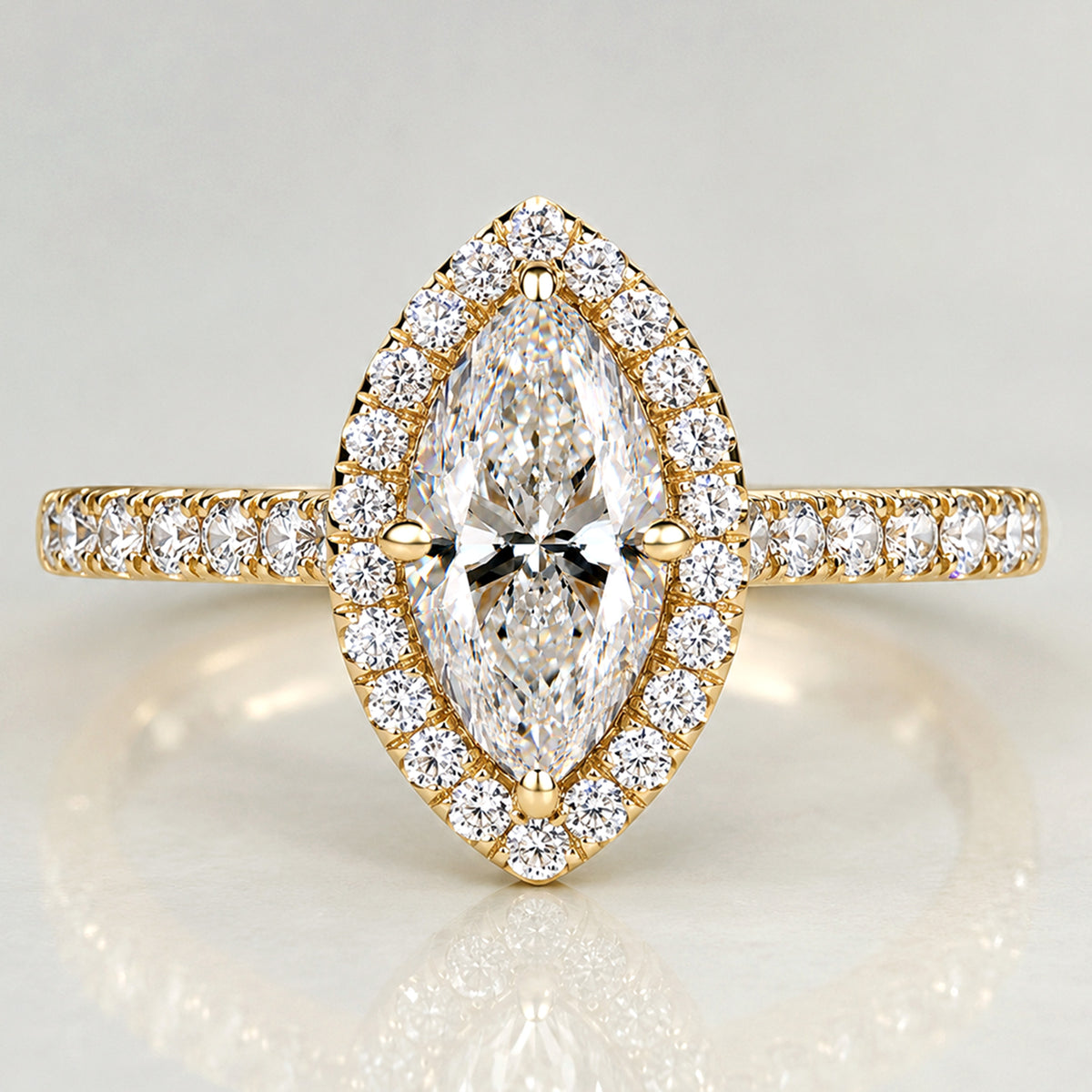 Classic Halo Design Marquise Cut Lab Grown Diamond Cathedral Basket Pave Shank Engagement Ring With Round Cut Accent Stones #MCERL0070