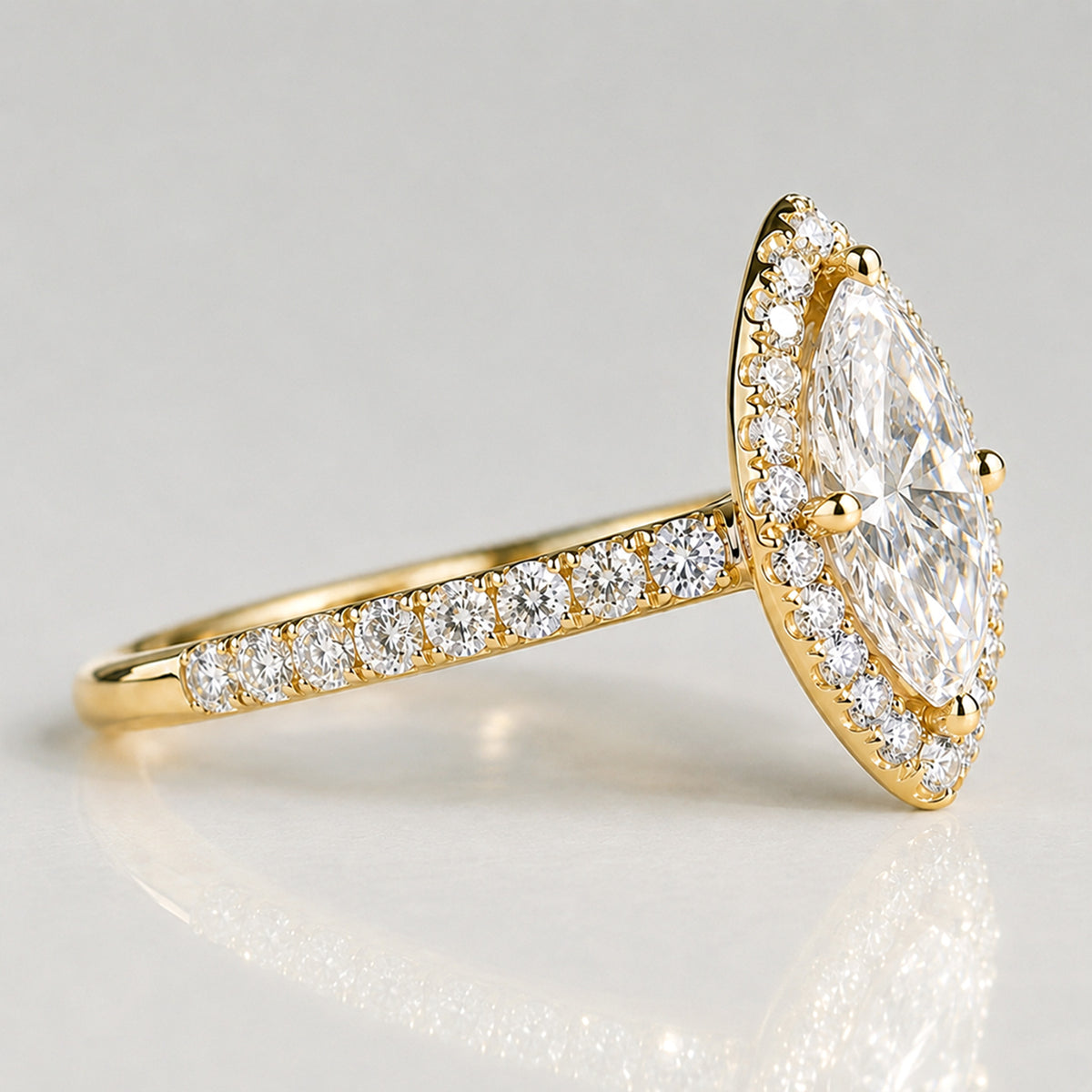 Classic Halo Design Marquise Cut Lab Grown Diamond Cathedral Basket Pave Shank Engagement Ring With Round Cut Accent Stones #MCERL0070