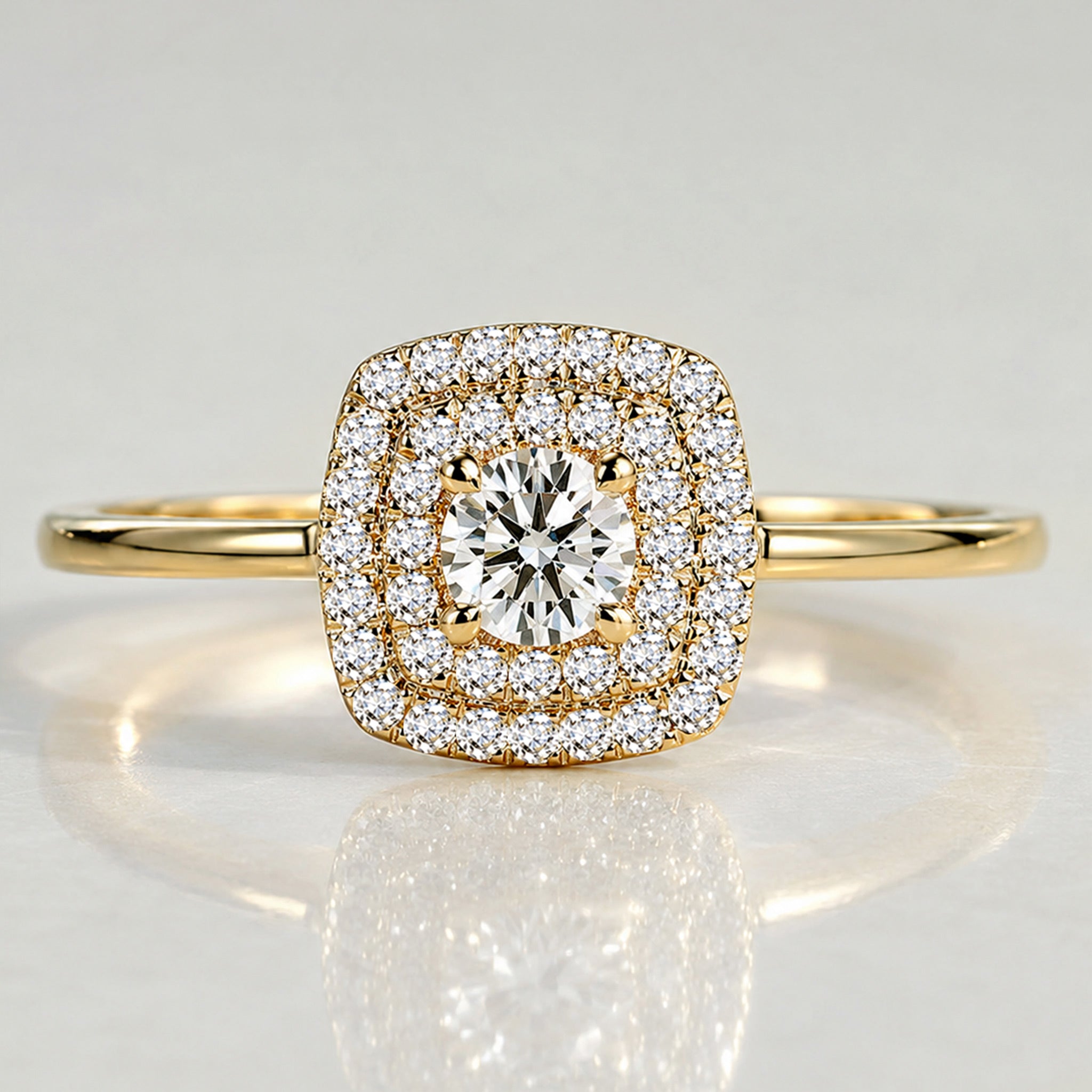 Double Halo Art Deco Design Round Cut Lab Grown Diamond Cathedral Basket Polished Shank Engagement Ring With Round Cut Accent Stones #MCERL0072