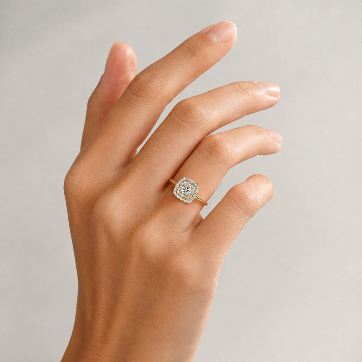 Double Halo Art Deco Design Round Cut Lab Grown Diamond Cathedral Basket Polished Shank Engagement Ring With Round Cut Accent Stones #MCERL0072