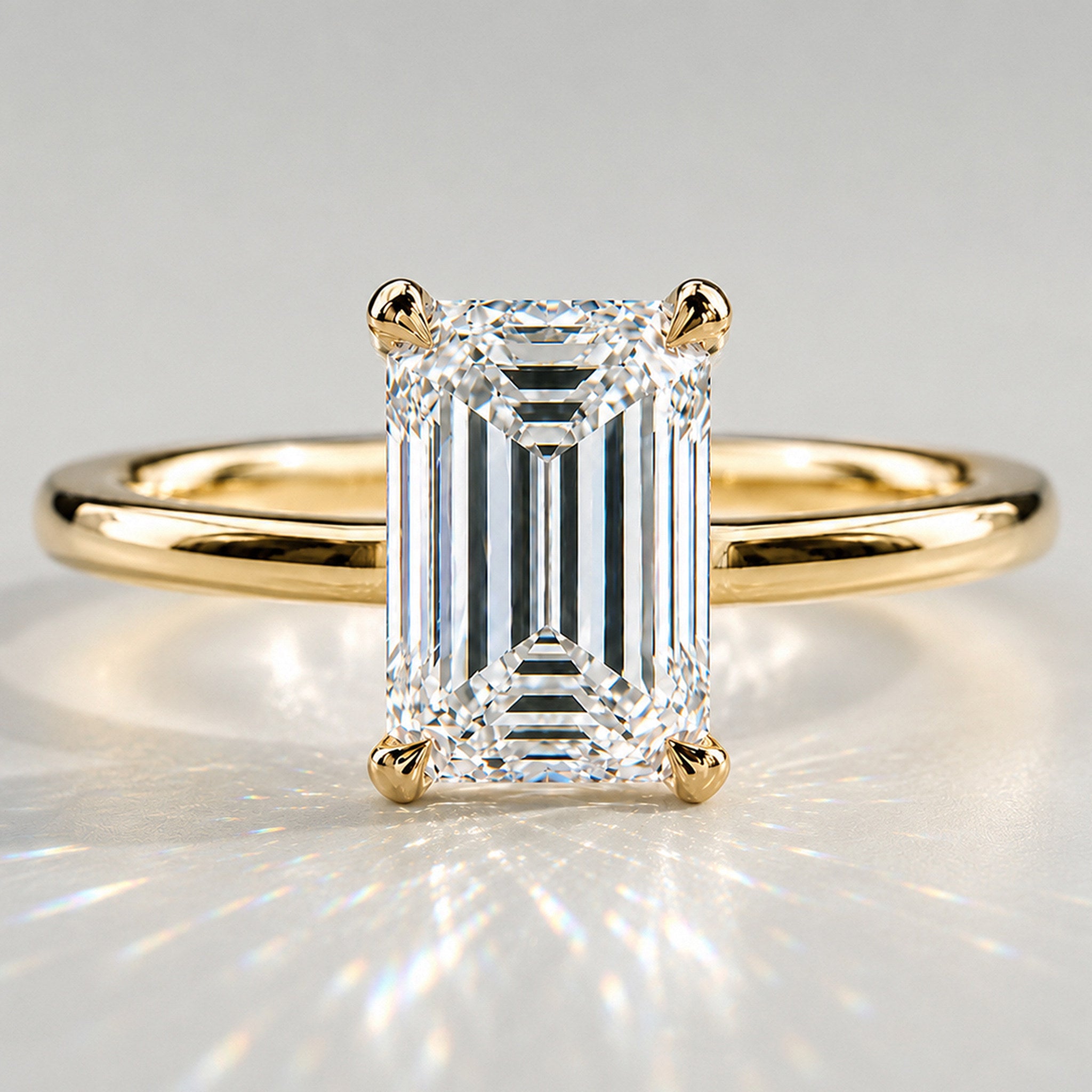 Solitaire Modern Minimalist Design Emerald Cut Lab Grown Diamond Cathedral Basket Tapered Shank Polished Engagement Rings With Round Cut Accent Diamonds #MCERL0008