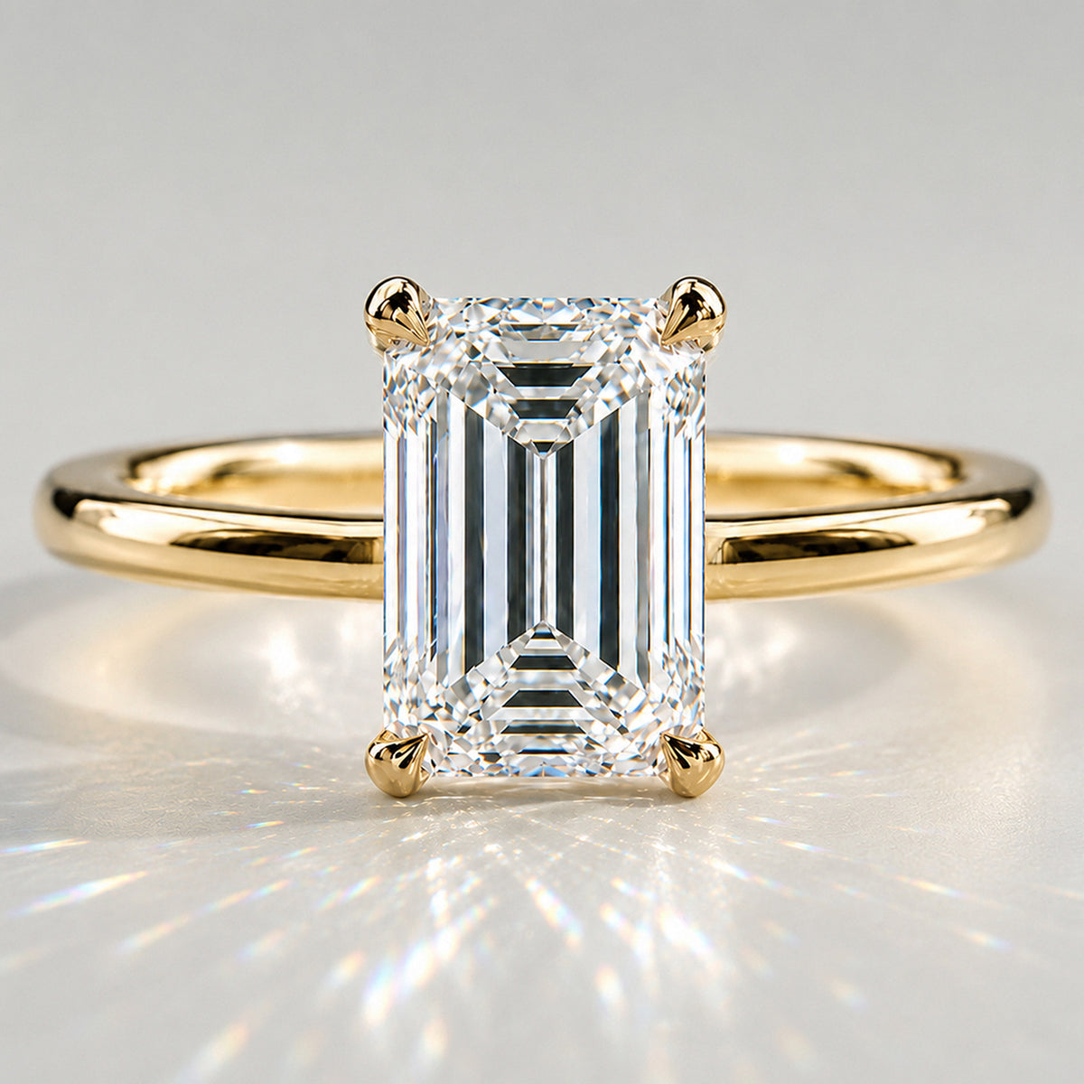 Solitaire Modern Minimalist Design Emerald Cut Lab Grown Diamond Cathedral Basket Tapered Shank Polished Engagement Rings With Round Cut Accent Diamonds #MCERL0008