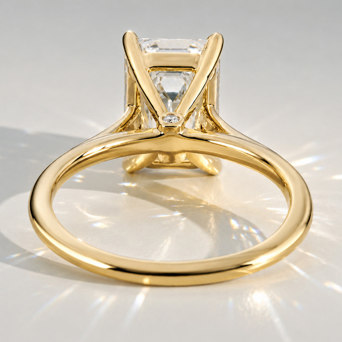 Solitaire Modern Minimalist Design Emerald Cut Lab Grown Diamond Cathedral Basket Tapered Shank Polished Engagement Rings With Round Cut Accent Diamonds #MCERL0008