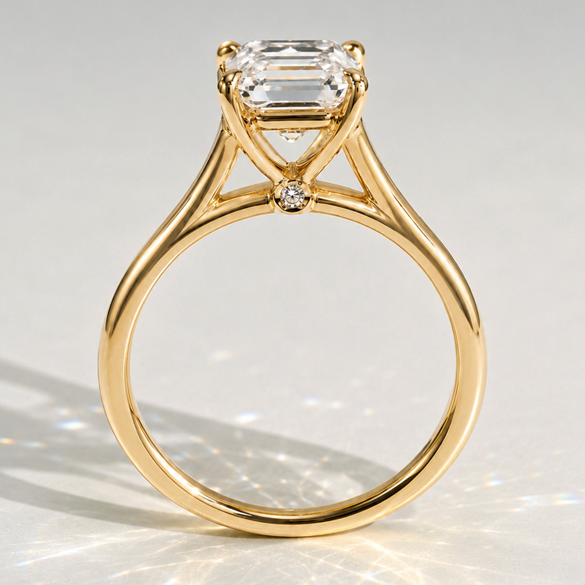 Solitaire Modern Minimalist Design Emerald Cut Lab Grown Diamond Cathedral Basket Tapered Shank Polished Engagement Rings With Round Cut Accent Diamonds #MCERL0008