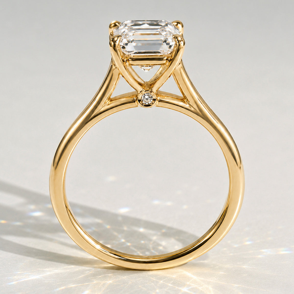 Solitaire Modern Minimalist Design Emerald Cut Lab Grown Diamond Cathedral Basket Tapered Shank Polished Engagement Rings With Round Cut Accent Diamonds #MCERL0008