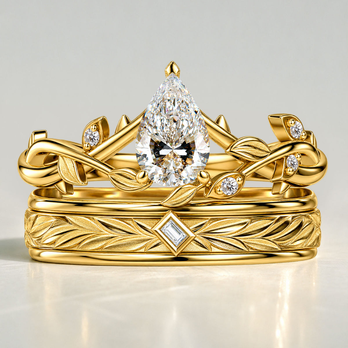 Nature Inspired Pear Cut Lab Grown Diamond Center Stone Trellis Basket Bridal Set With Leaf Design Eternity Band #MCBSL0002