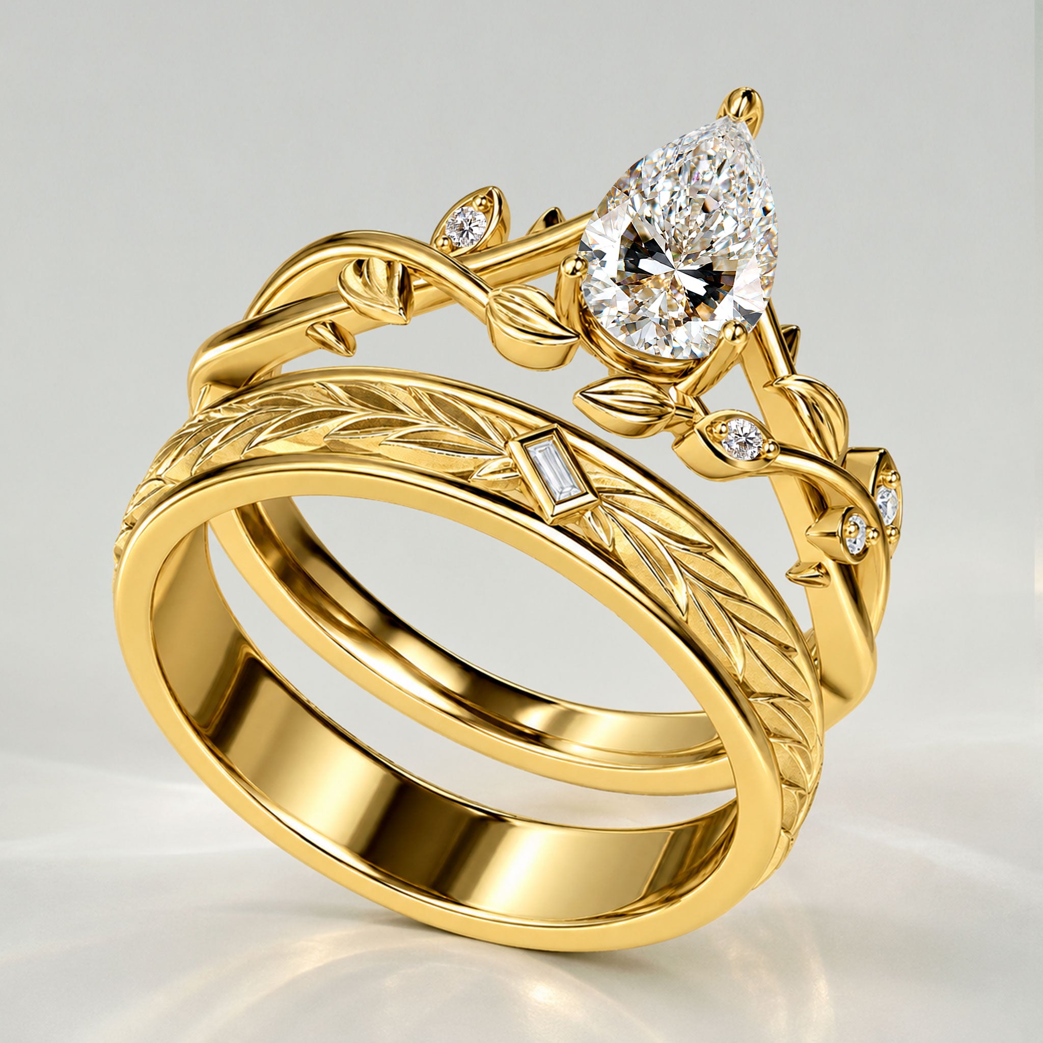 Nature Inspired Pear Cut Lab Grown Diamond Center Stone Trellis Basket Bridal Set With Leaf Design Eternity Band #MCBSL0002