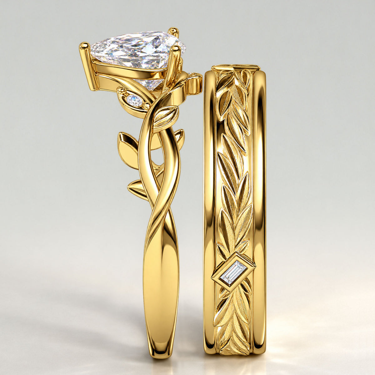 Nature Inspired Pear Cut Lab Grown Diamond Center Stone Trellis Basket Bridal Set With Leaf Design Eternity Band #MCBSL0002
