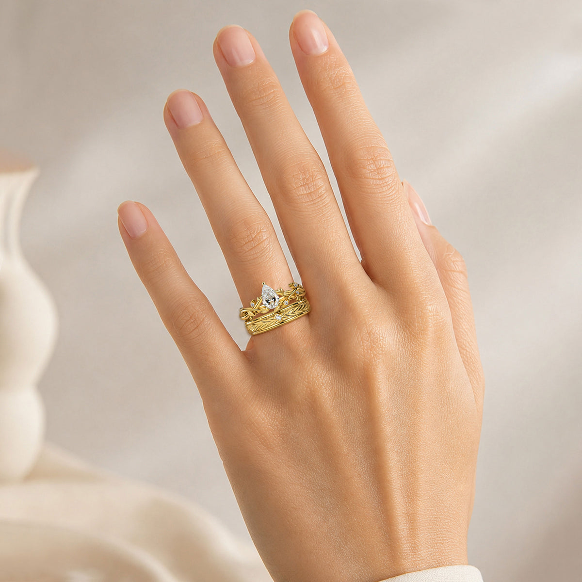 Nature Inspired Pear Cut Lab Grown Diamond Center Stone Trellis Basket Bridal Set With Leaf Design Eternity Band #MCBSL0002