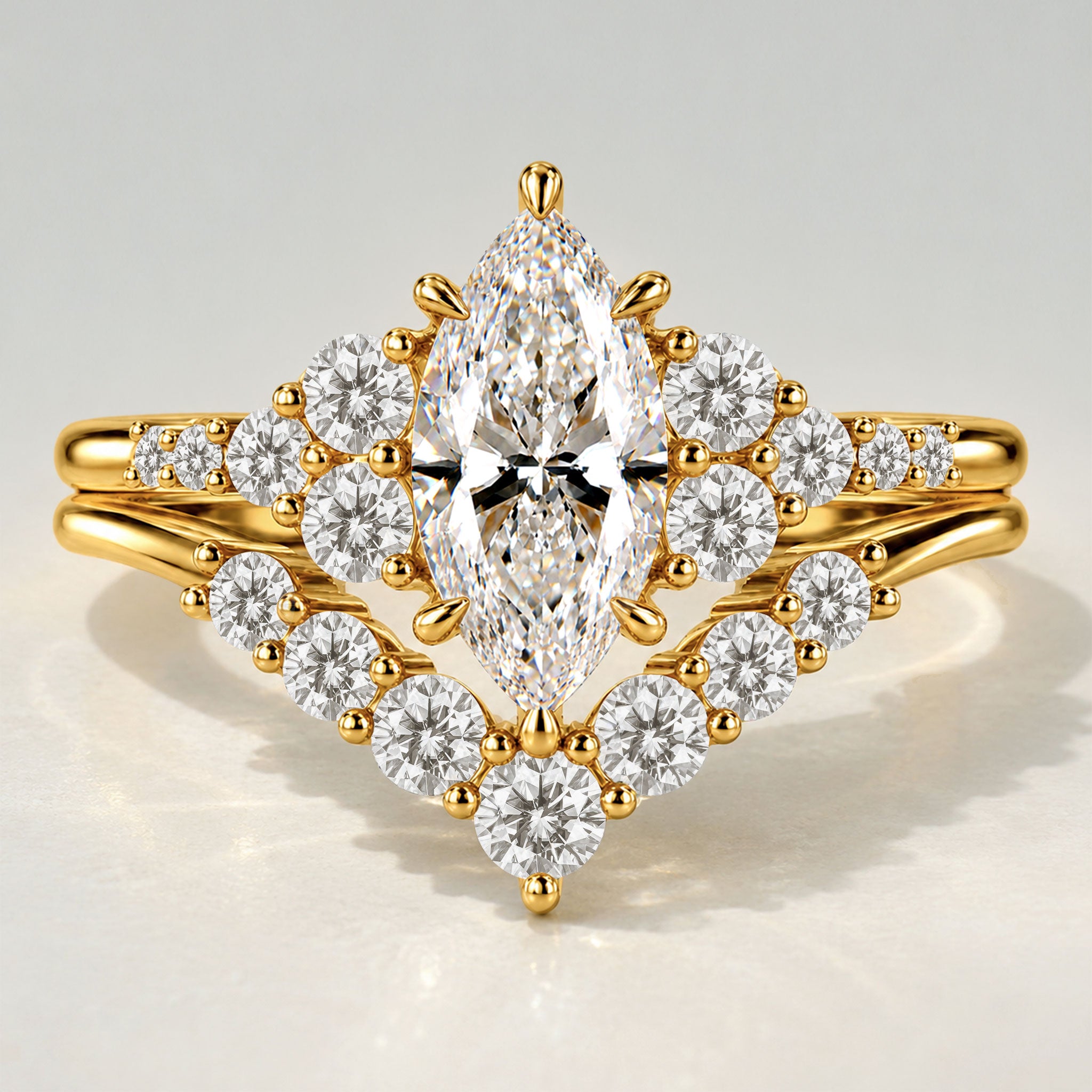 Classic Design Marquise Cut Lab Grown Diamond Center Stone Cathedral Basket Bridal Set With Half Pave Curved Band #MCBSL0004
