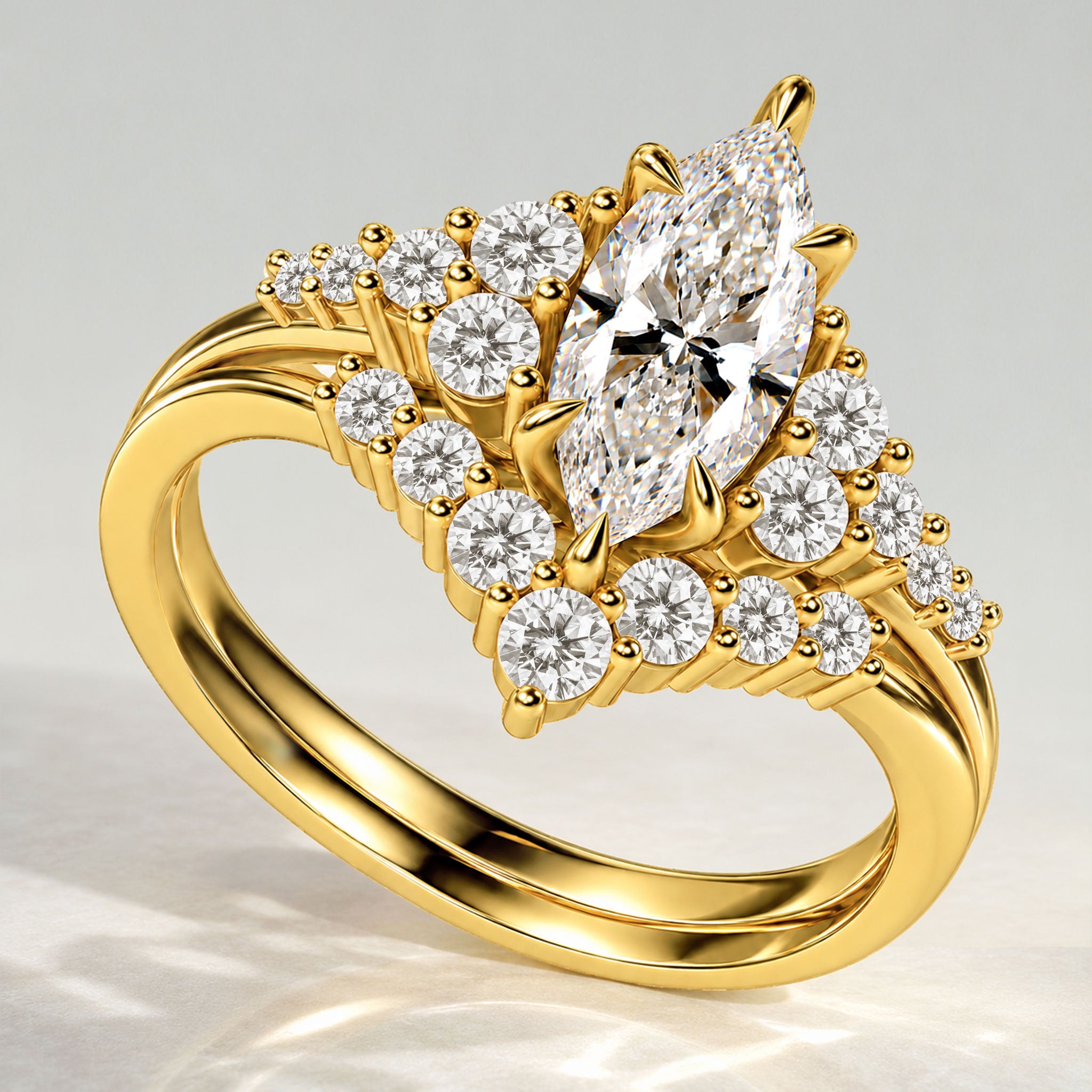 Classic Design Marquise Cut Lab Grown Diamond Center Stone Cathedral Basket Bridal Set With Half Pave Curved Band #MCBSL0004