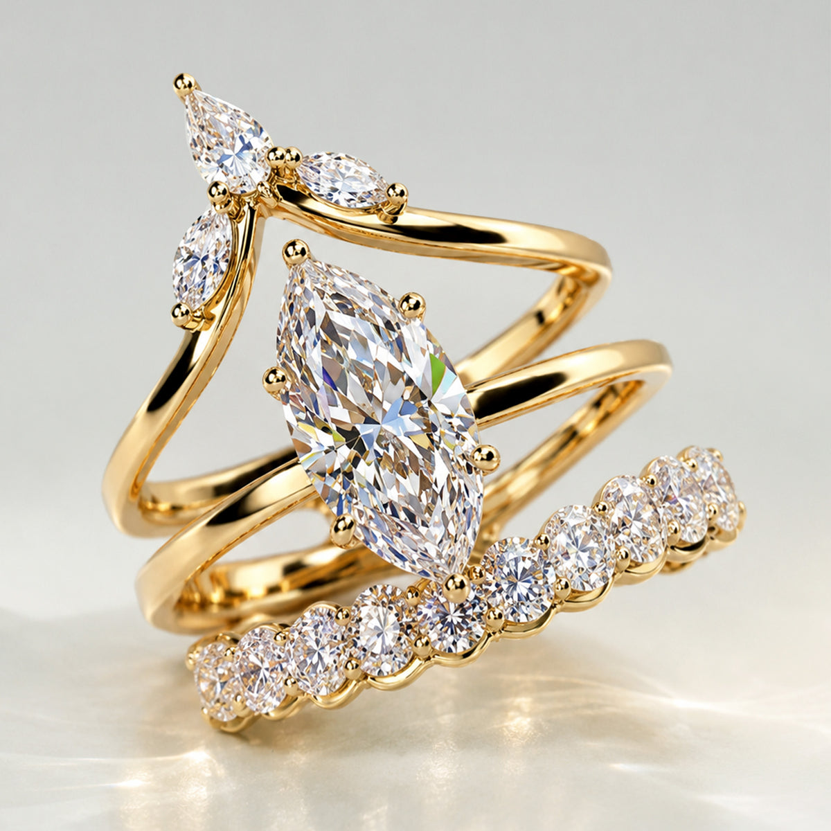 Modern Design Marquise Cut Lab Grown Diamond Center Stone Bridal Set With Curved Band #MCBSL0006