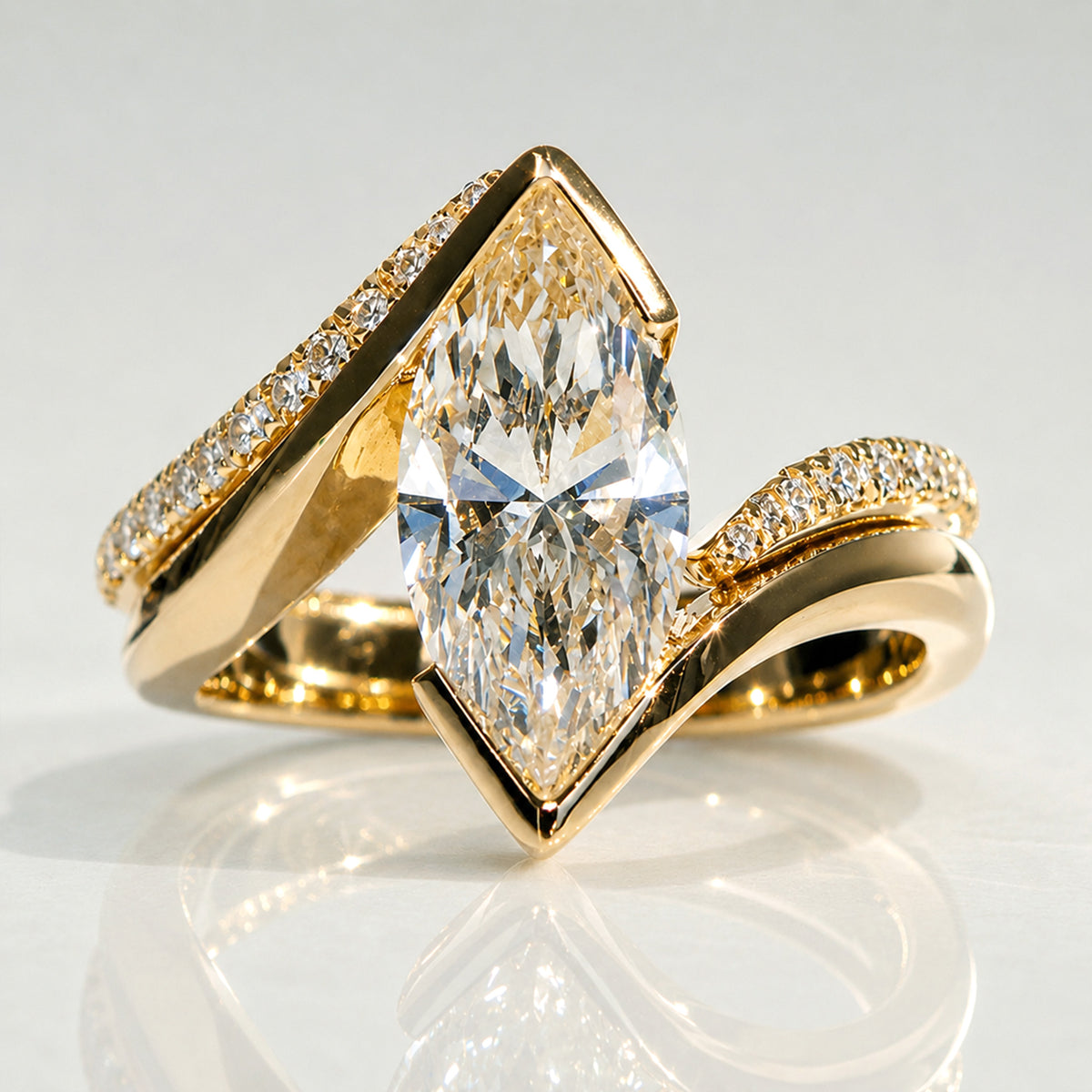 Modern Bypass Design Marquise Cut Lab Grown Diamond Center Stone Bridal Set With Open Shank Band #MCBSL0010