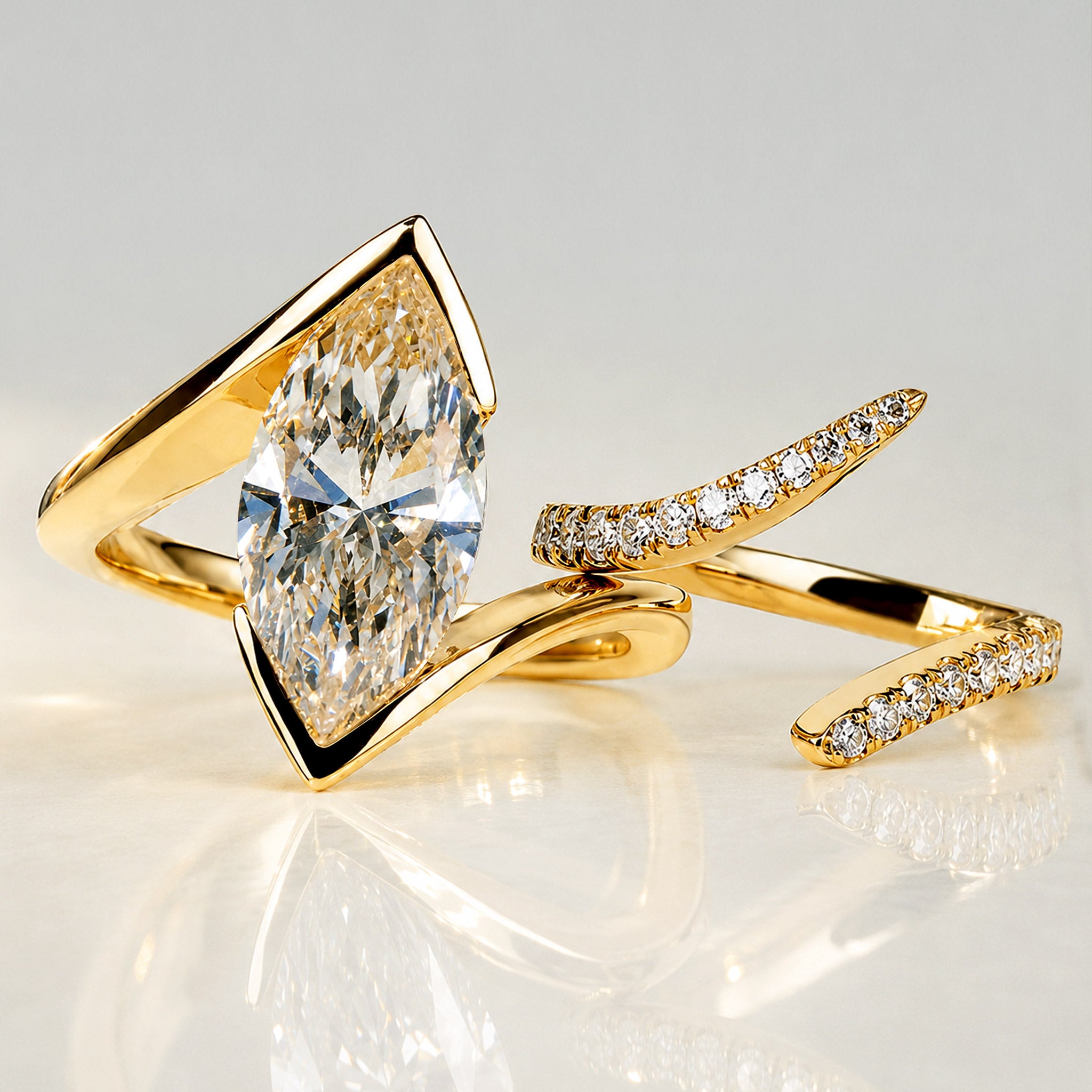 Modern Bypass Design Marquise Cut Lab Grown Diamond Center Stone Bridal Set With Open Shank Band #MCBSL0010