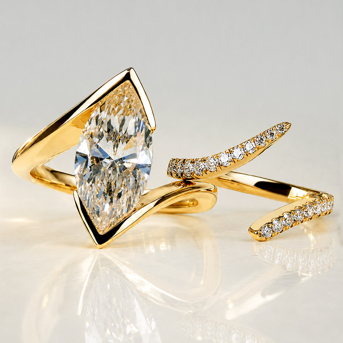 Modern Bypass Design Marquise Cut Lab Grown Diamond Center Stone Bridal Set With Open Shank Band #MCBSL0010