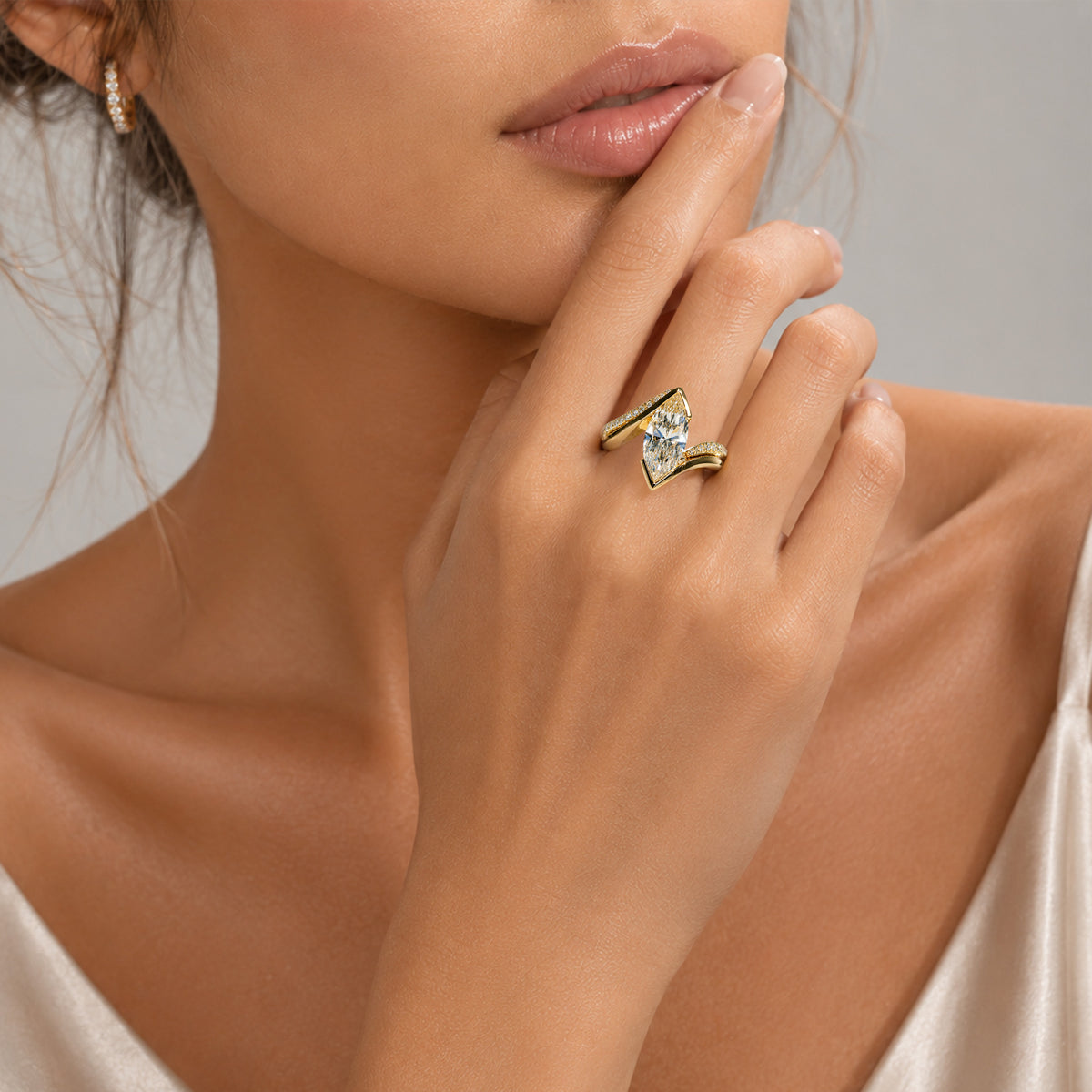 Modern Bypass Design Marquise Cut Lab Grown Diamond Center Stone Bridal Set With Open Shank Band #MCBSL0010