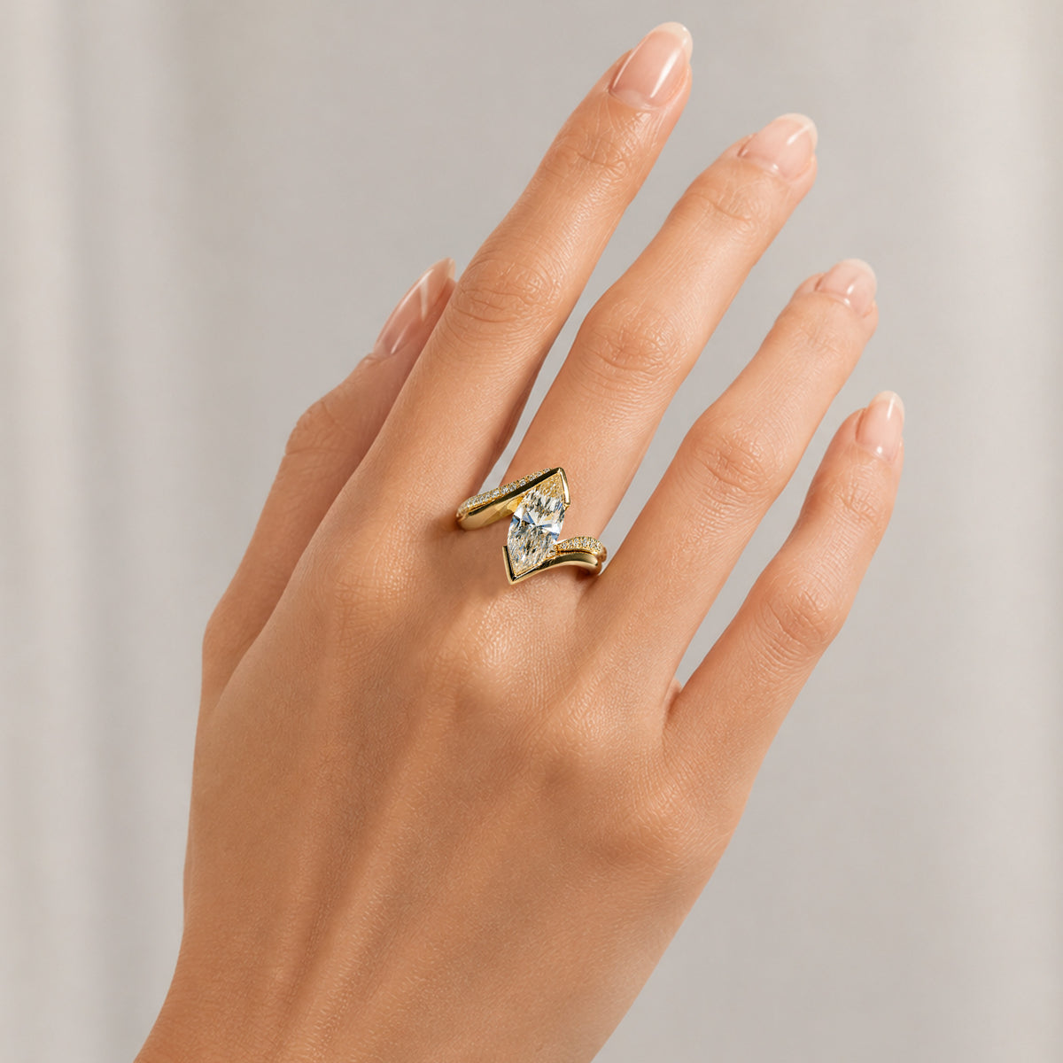 Modern Bypass Design Marquise Cut Lab Grown Diamond Center Stone Bridal Set With Open Shank Band #MCBSL0010