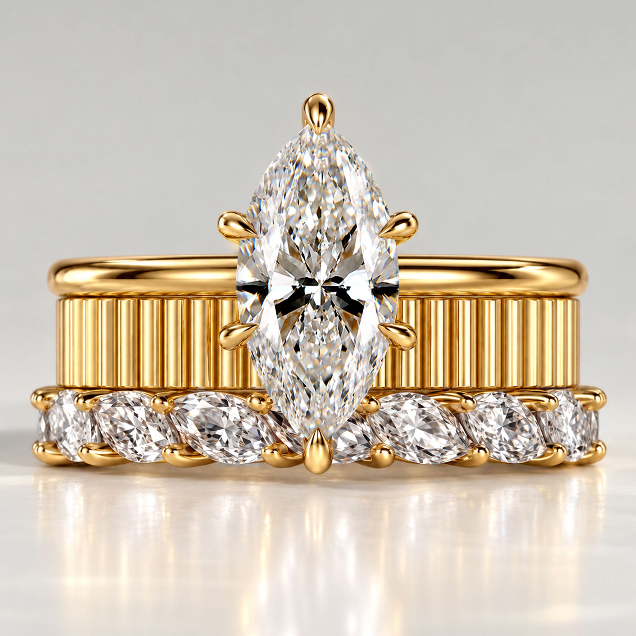 Art Deco Modern Design Marquise Cut Lab Grown Diamond Fluted Shank Bridal Set With Marquise Cut Stones Half Pave Band #MCBSL0011