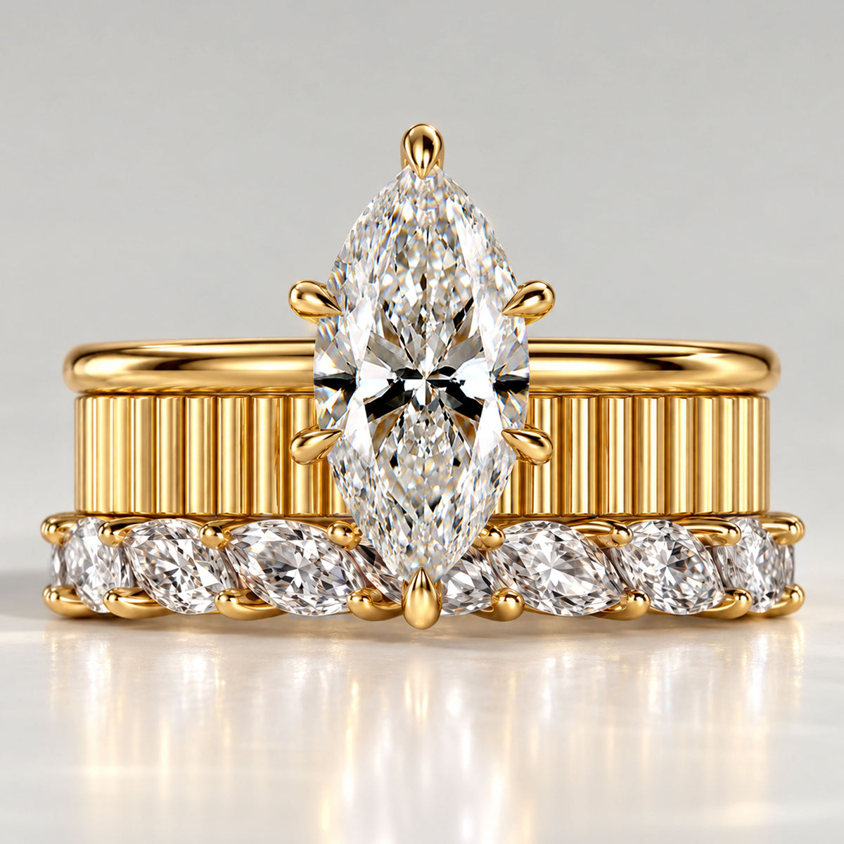 Art Deco Modern Design Marquise Cut Lab Grown Diamond Fluted Shank Bridal Set With Marquise Cut Stones Half Pave Band #MCBSL0011