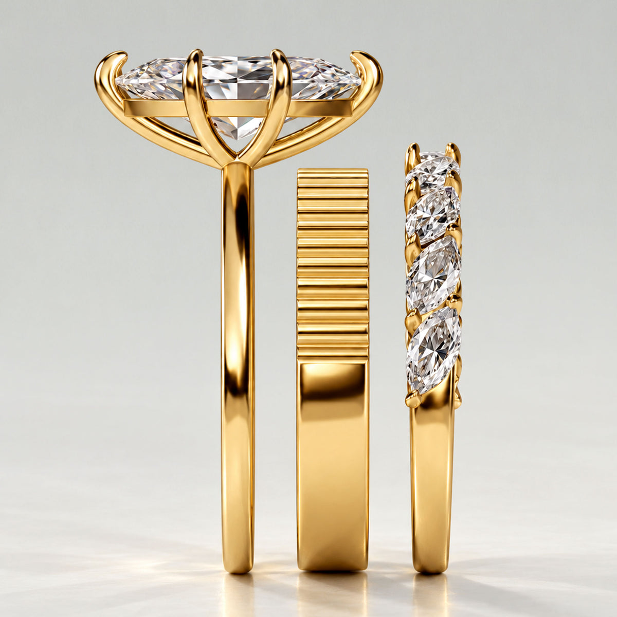 Art Deco Modern Design Marquise Cut Lab Grown Diamond Fluted Shank Bridal Set With Marquise Cut Stones Half Pave Band #MCBSL0011