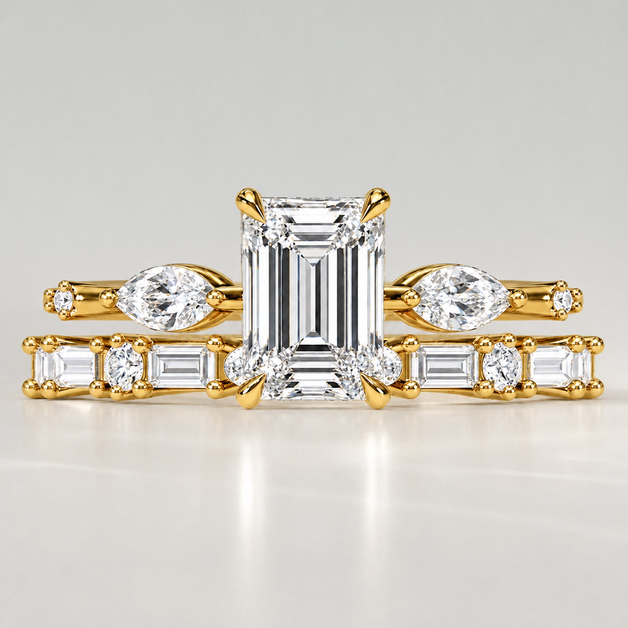 Art Deco Design Emerald Cut Lab Grown Diamond Center Stone Bridal Set With Emerald Cut Band #MCBSL0014