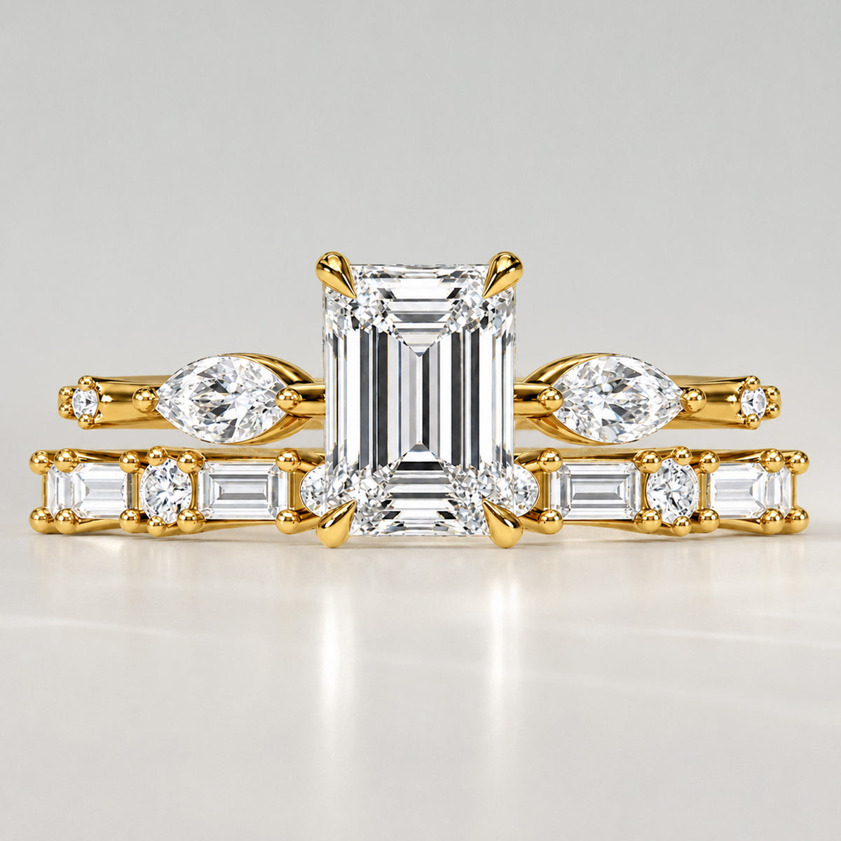 Art Deco Design Emerald Cut Lab Grown Diamond Center Stone Bridal Set With Emerald Cut Band #MCBSL0014