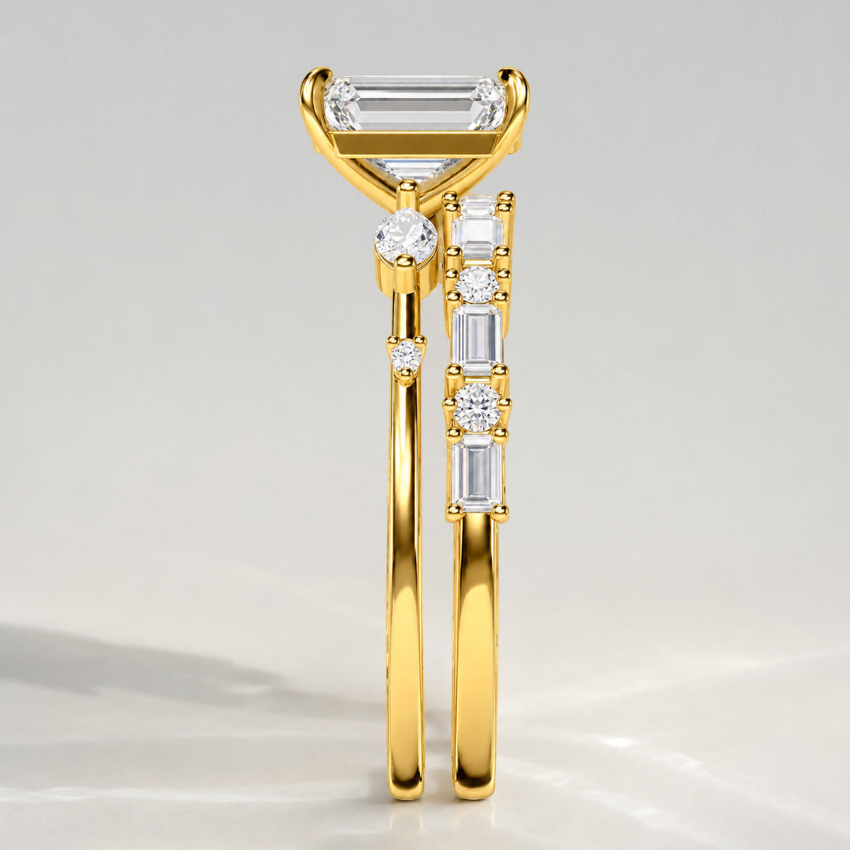 Art Deco Design Emerald Cut Lab Grown Diamond Center Stone Bridal Set With Emerald Cut Band #MCBSL0014