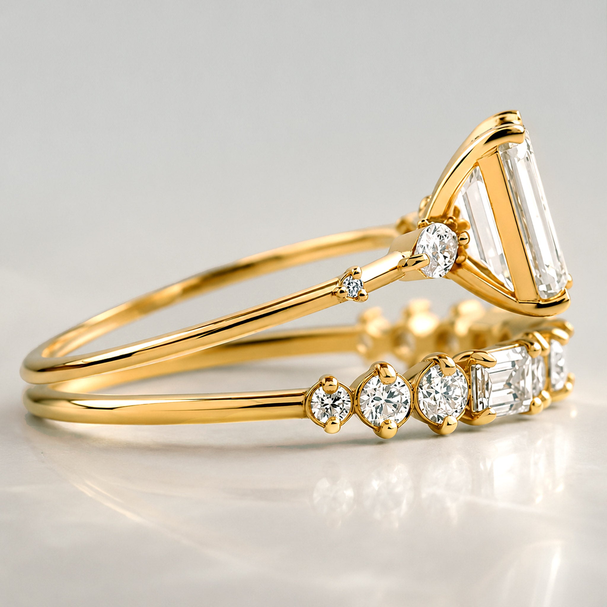Art Deco Design Emerald Cut Lab Grown Diamond Center Stone Bridal Set With Emerald Cut Band #MCBSL0014