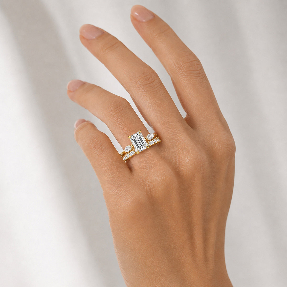 Art Deco Design Emerald Cut Lab Grown Diamond Center Stone Bridal Set With Emerald Cut Band #MCBSL0014