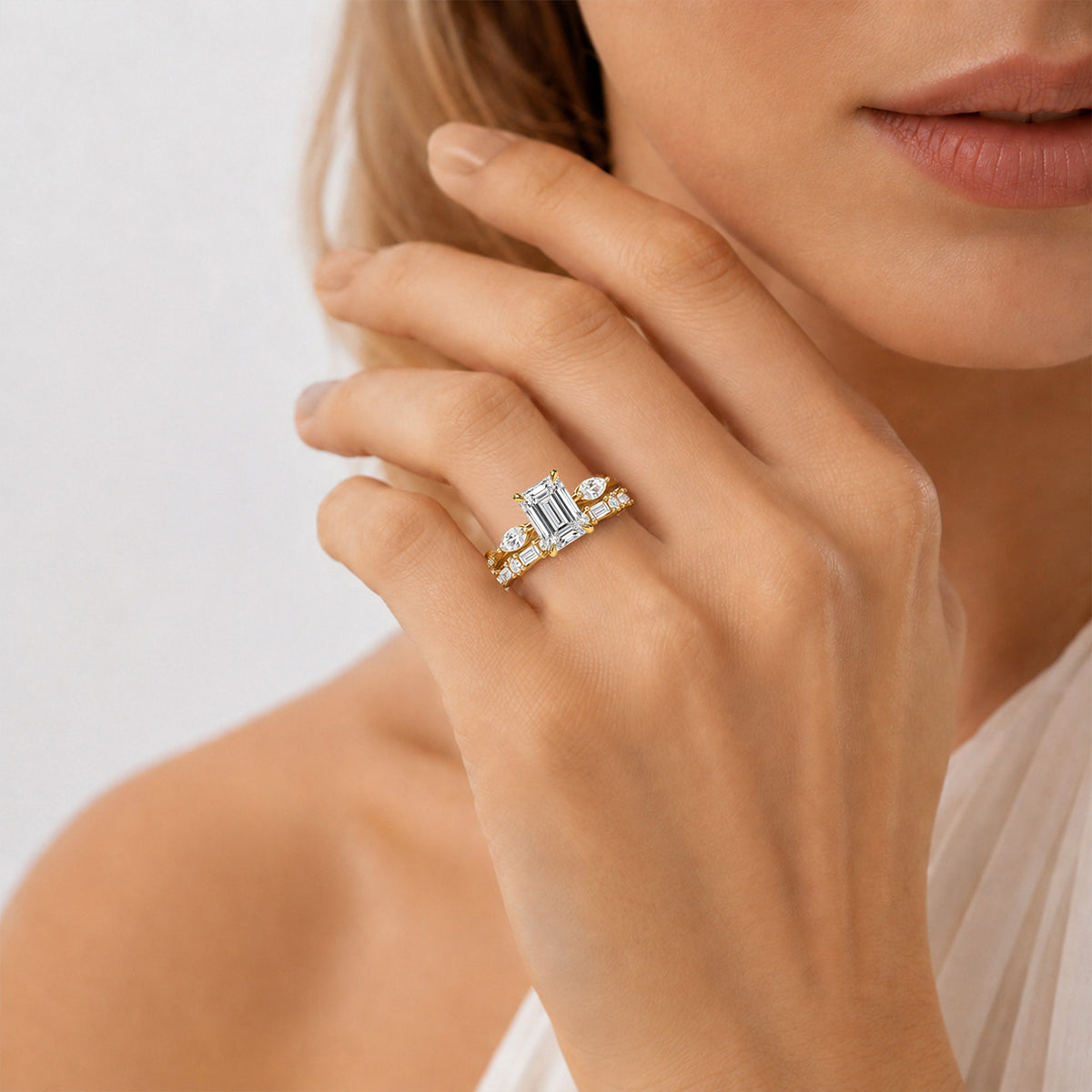 Art Deco Design Emerald Cut Lab Grown Diamond Center Stone Bridal Set With Emerald Cut Band #MCBSL0014