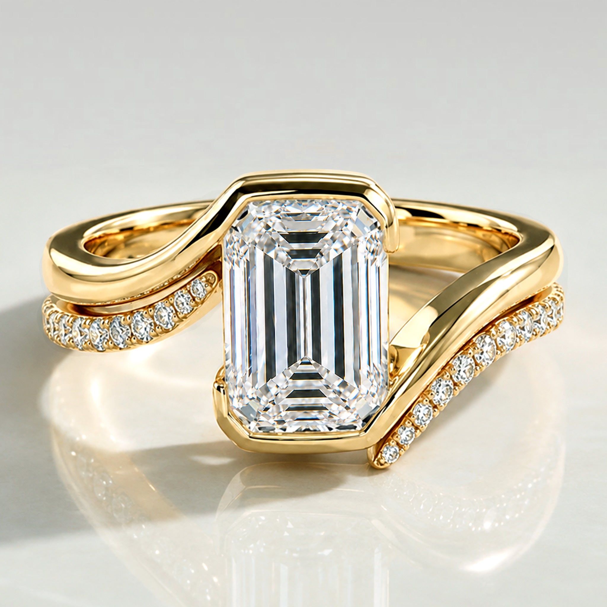 Modern Bypass Design Emerald Cut Lab Grown Diamond Center Stone Bridal Set With Open Shank Band #MCBSL0016