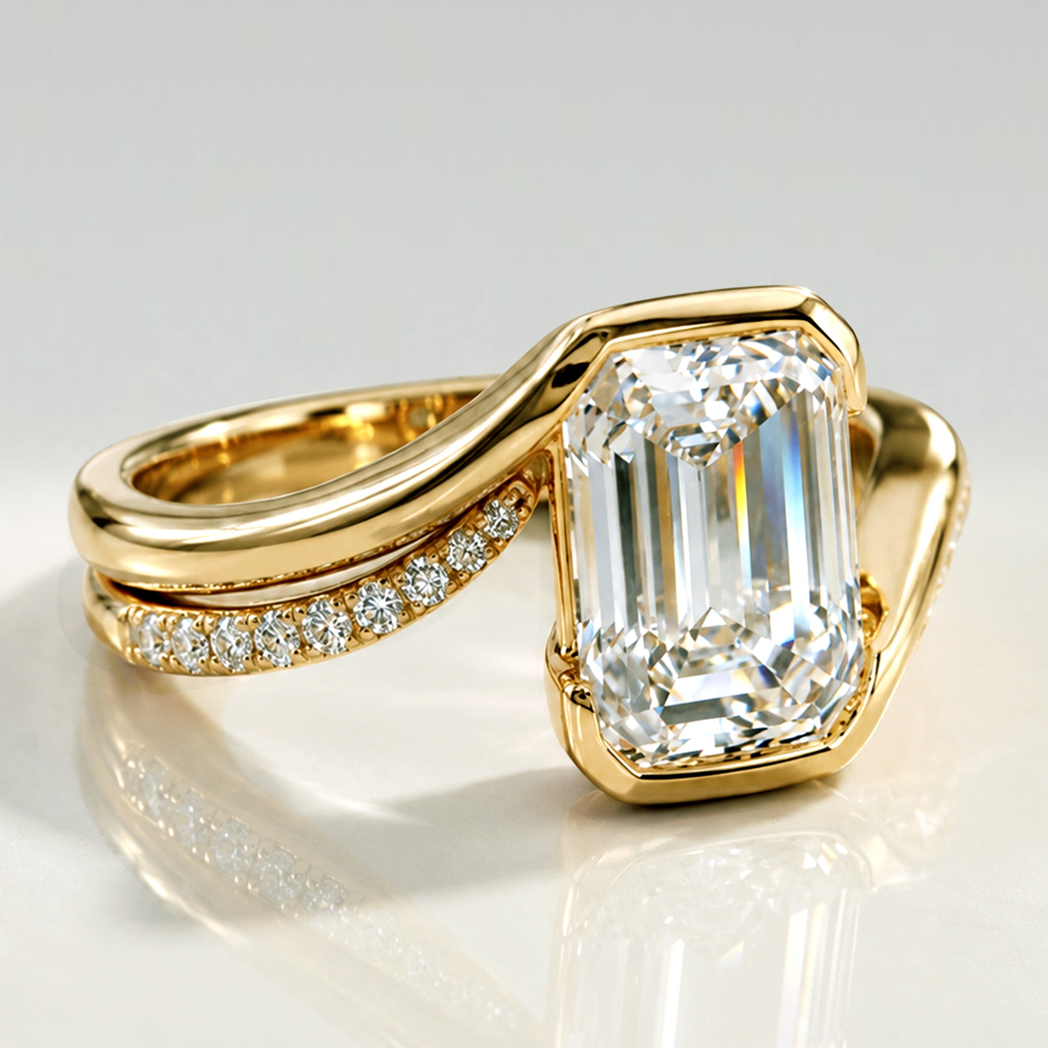Modern Bypass Design Emerald Cut Lab Grown Diamond Center Stone Bridal Set With Open Shank Band #MCBSL0016