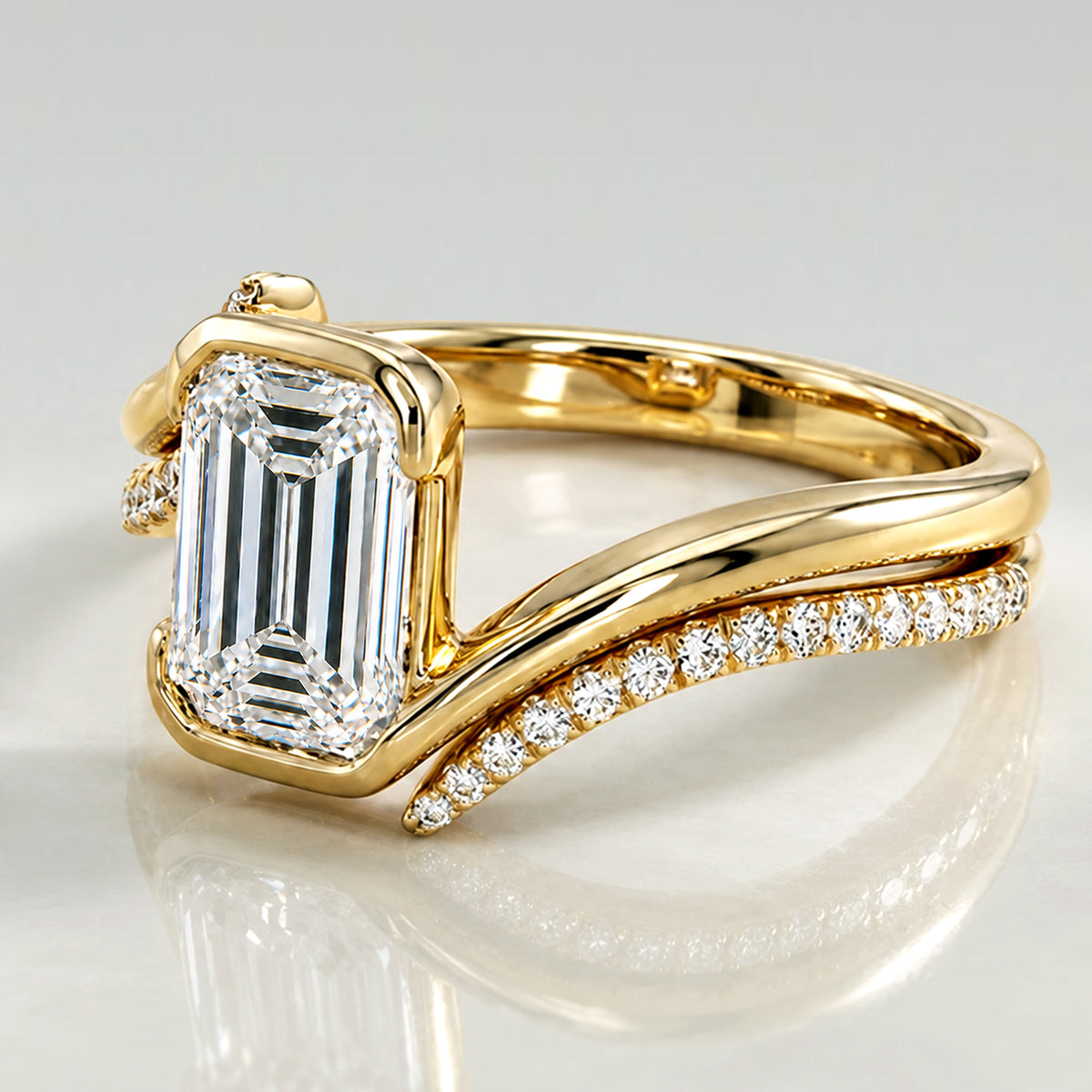 Modern Bypass Design Emerald Cut Lab Grown Diamond Center Stone Bridal Set With Open Shank Band #MCBSL0016