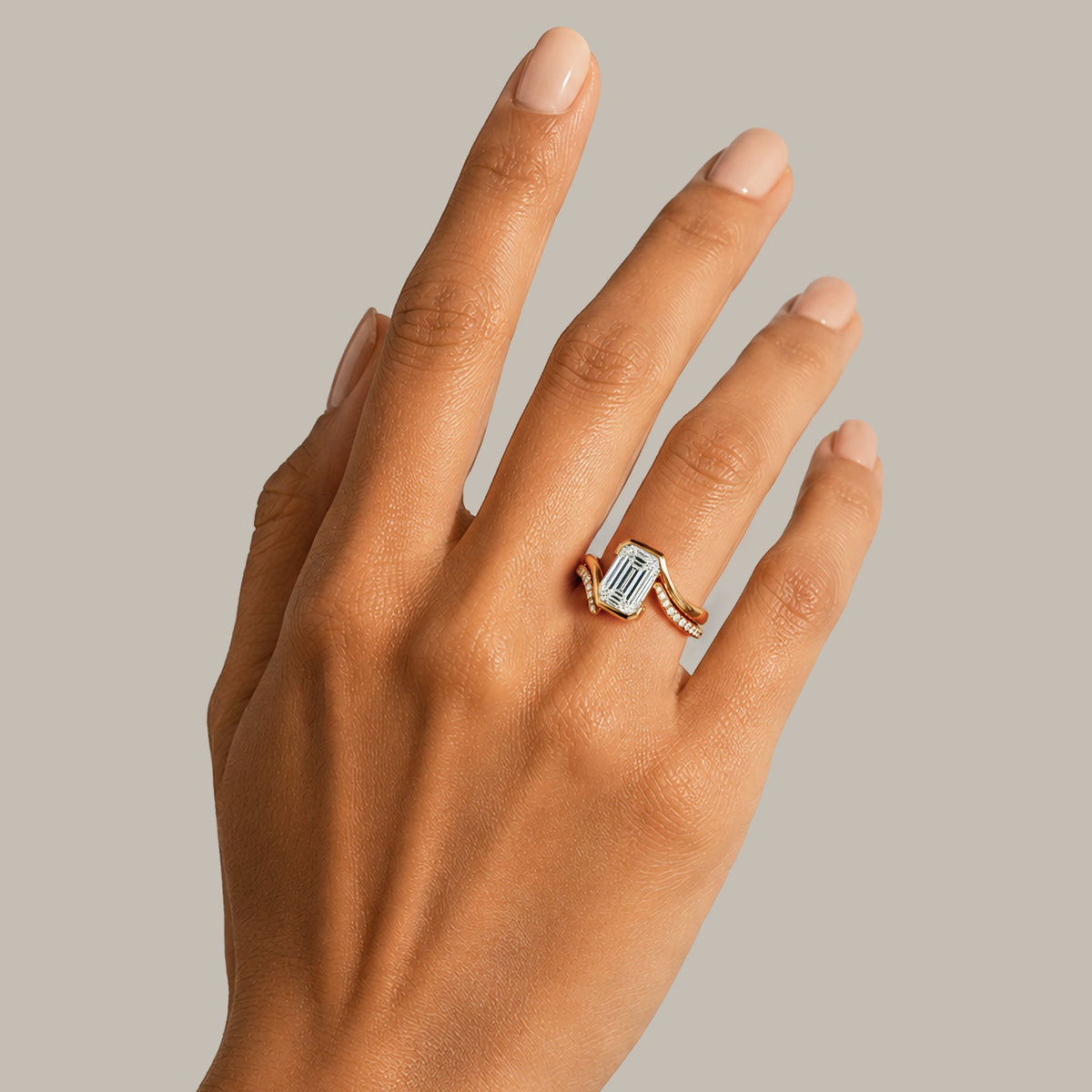 Modern Bypass Design Emerald Cut Lab Grown Diamond Center Stone Bridal Set With Open Shank Band #MCBSL0016