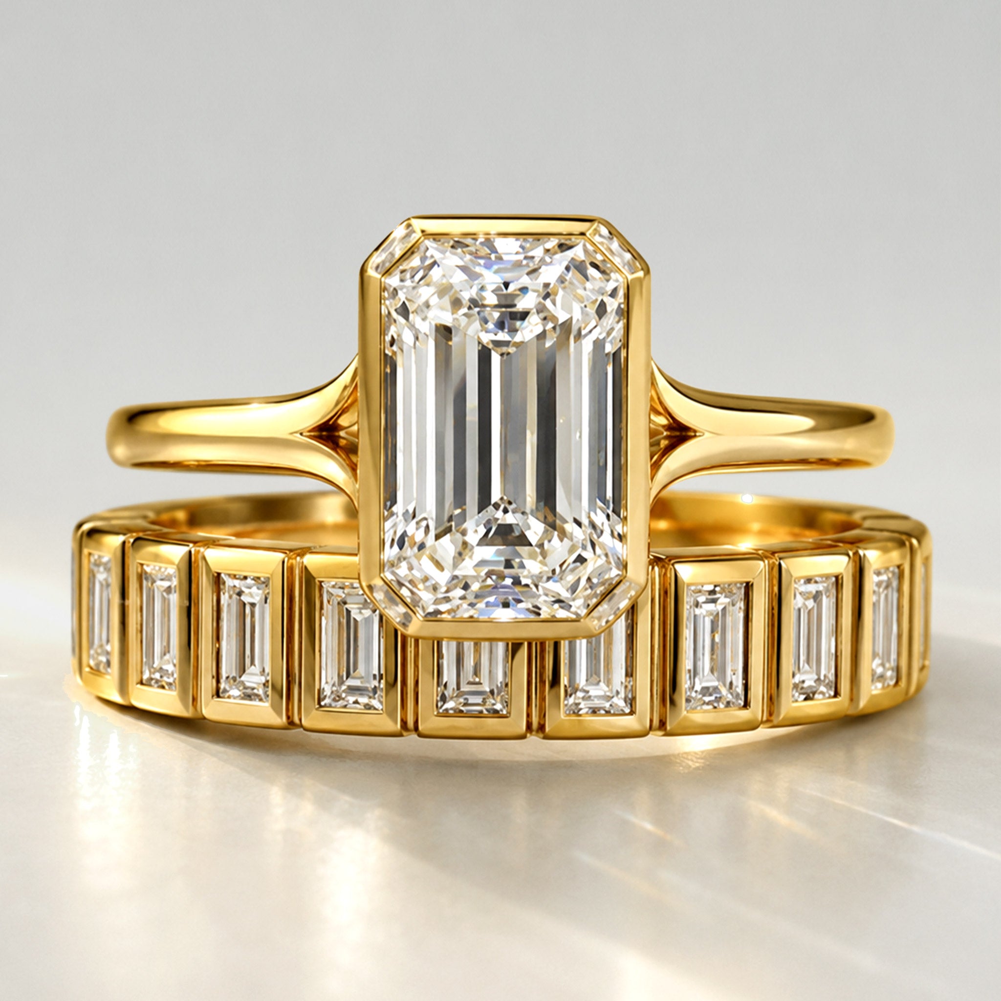 Emerald Cut Lab Grown Diamond Center Stone Cathedral Basket And Bezel Setting Bridal Set With Baguette Cut Band #MCBSL0017