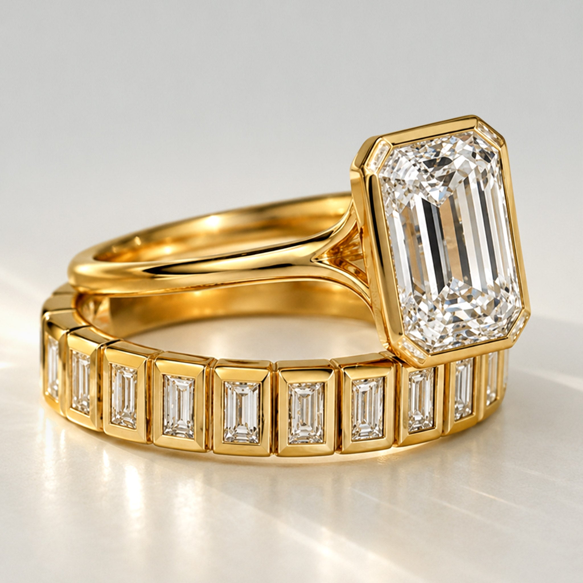 Emerald Cut Lab Grown Diamond Center Stone Cathedral Basket And Bezel Setting Bridal Set With Baguette Cut Band #MCBSL0017