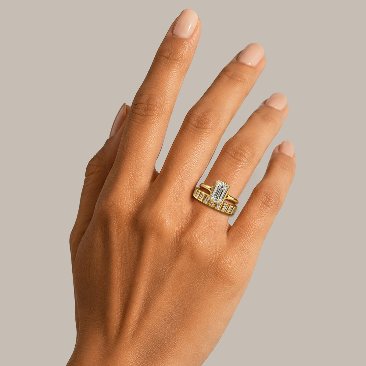 Emerald Cut Lab Grown Diamond Center Stone Cathedral Basket And Bezel Setting Bridal Set With Baguette Cut Band #MCBSL0017