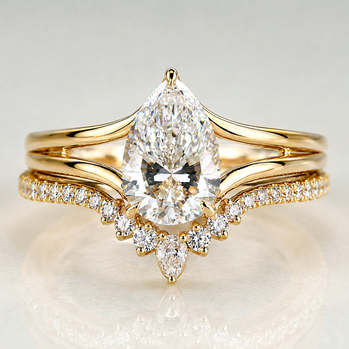 Modern Design Pear Cut Lab Grown Diamond Center Stone Split Shank Bridal Set With Curved Band #MCBSL0019