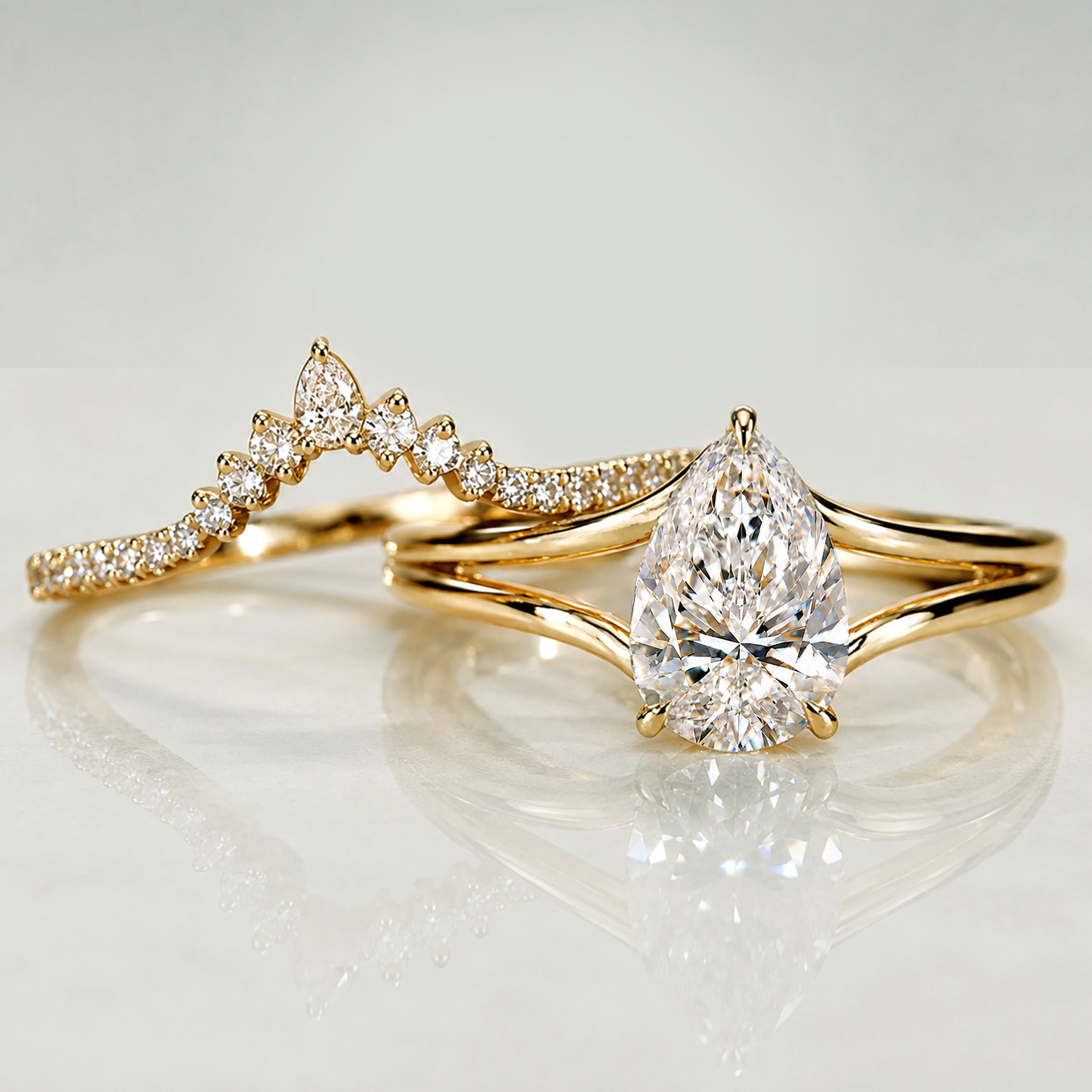 Modern Design Pear Cut Lab Grown Diamond Center Stone Split Shank Bridal Set With Curved Band #MCBSL0019