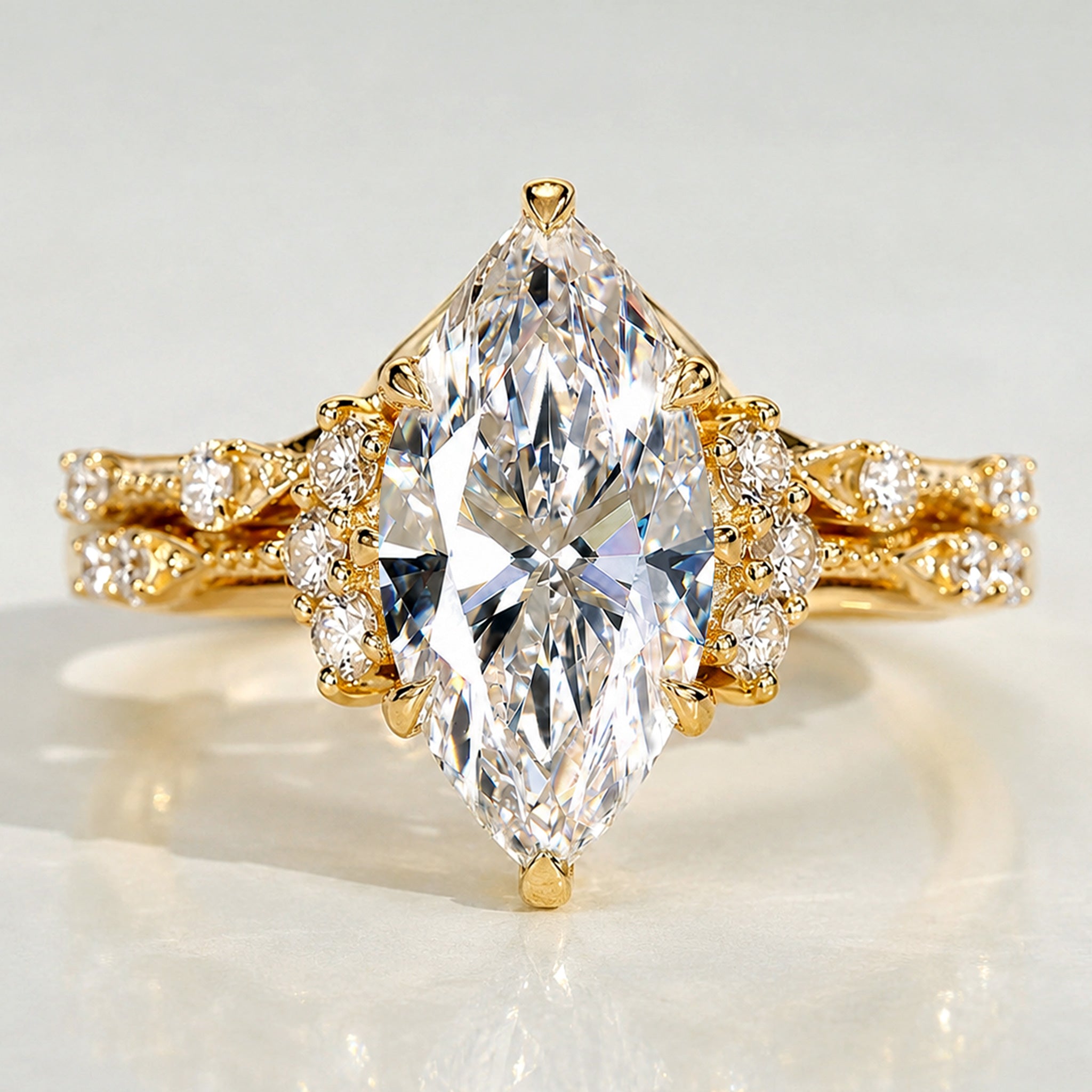 Vintage Art Deco Design Marquise Cut Lab Grown Diamond Center Stone Cathedral Basket Milgrain Pave Bridal Set With Curved Band #MCBSL0021